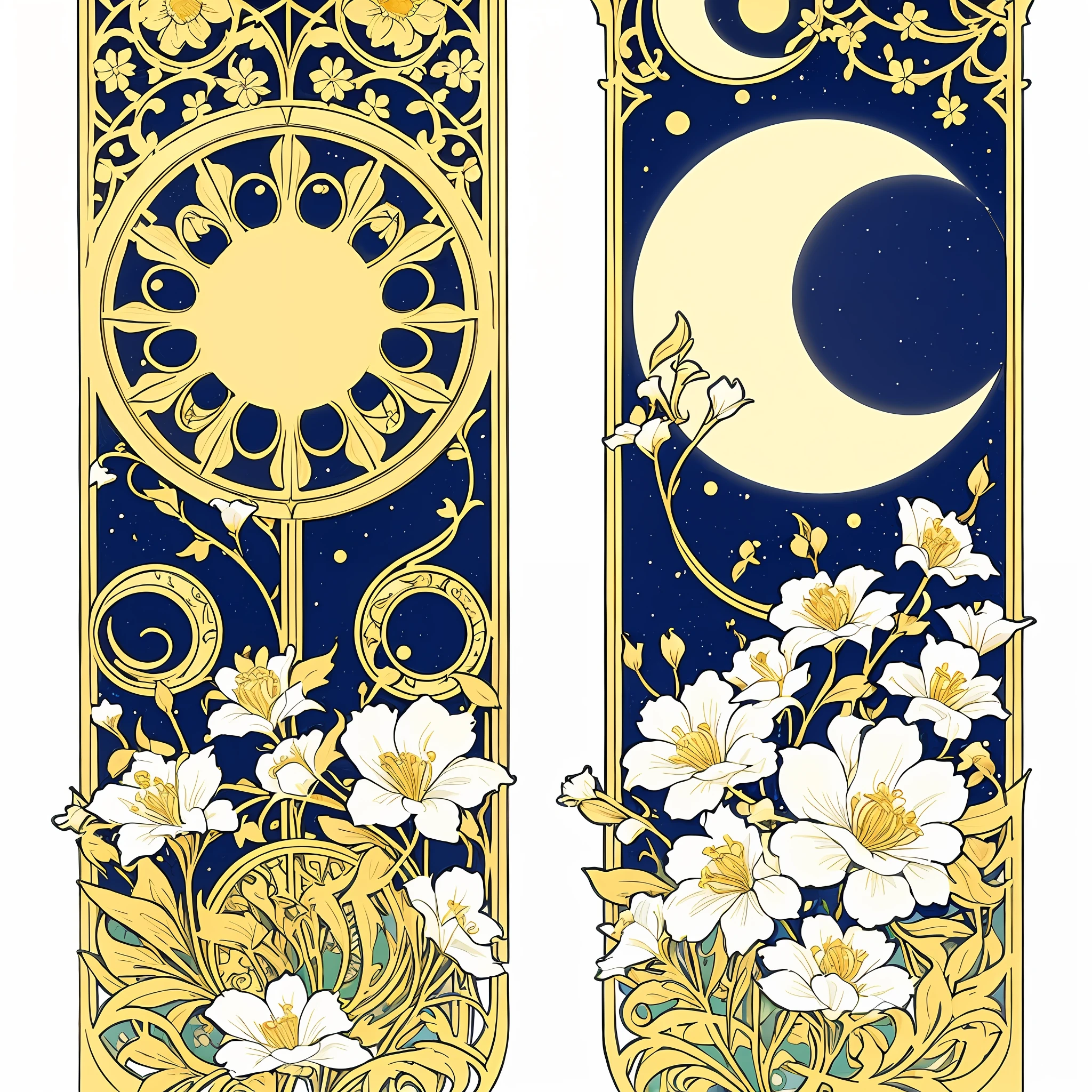 (((no human))),eps,ai,vector art,by Illustrator,Two vertically elongated frames in an Art Nouveau style, both adorned with gold. One frame features a sun motif and white flowers, while the other showcases a moon motif and blue flowers. The frames are depicted in a relatively small size, fitting within the screen.