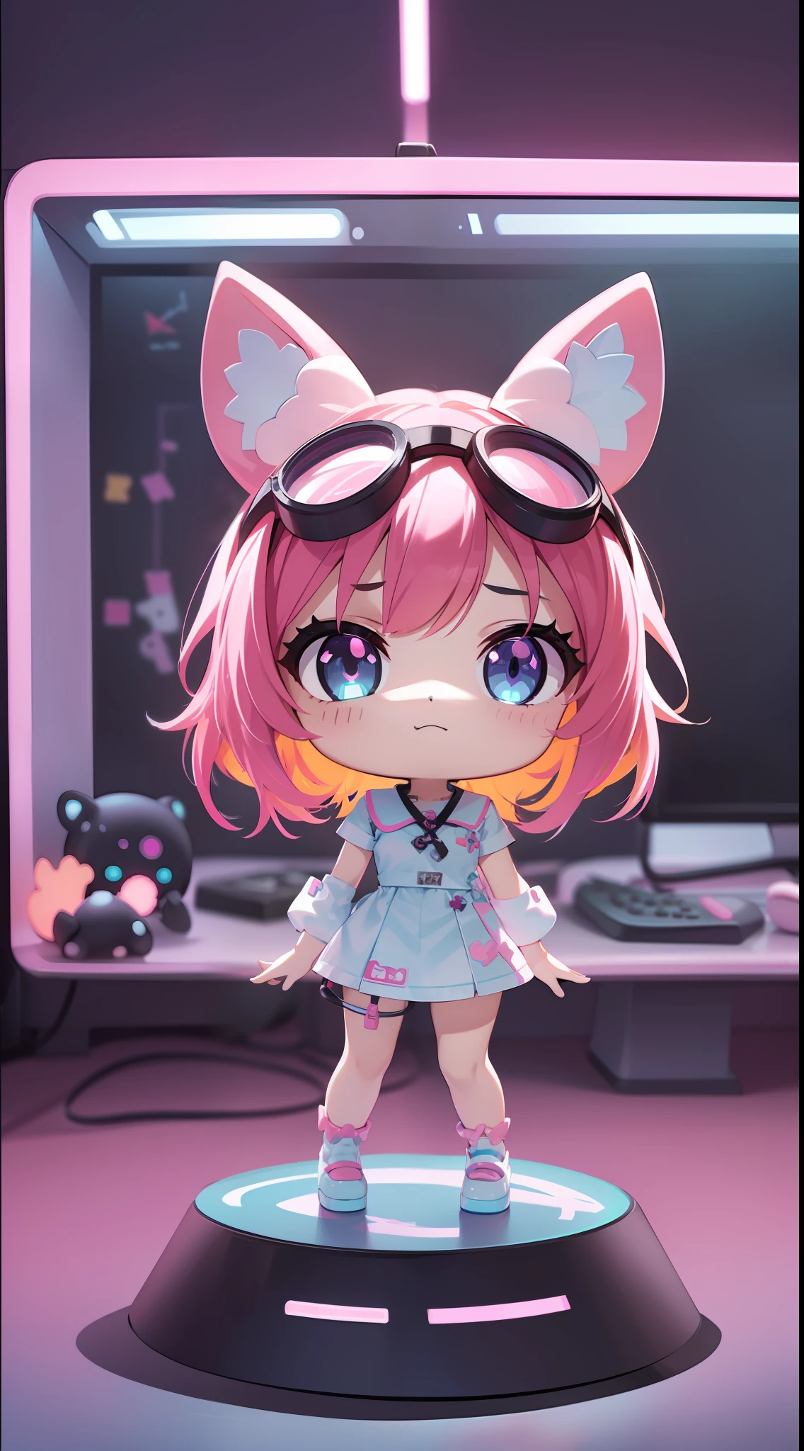 (masterpiece: 1.2, best quality), 3d, (full body, chibi :1.5), 1girl, cute, pop mart, blindbox, (multicolored hair: black and hot pink), goggles on head, gamer, egirl, dog ears, dog girl, ears down, floppy ears, girl with floppy dog ears, dog ears, dog tail, rgb lights, glowing neon decoration, neon lights, office, playstation, screens, gaming controller, playful, long eyelashes, stand, diorama, collectible toy, 8k, (beautiful detailed face), (beautiful detailed eyes), color palette: light blue, pink, black