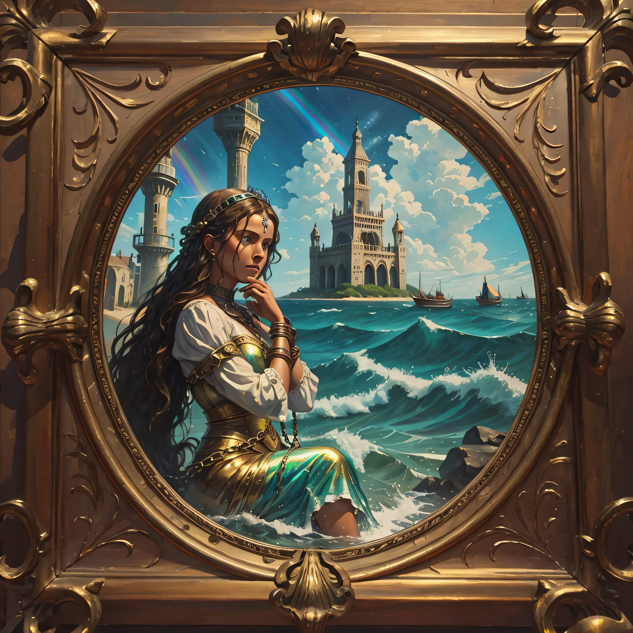 painting with chained frame, in painting there is a bronze woman crying liquid metal into the sea, other women around her, tower with rainbow glow at top in distance