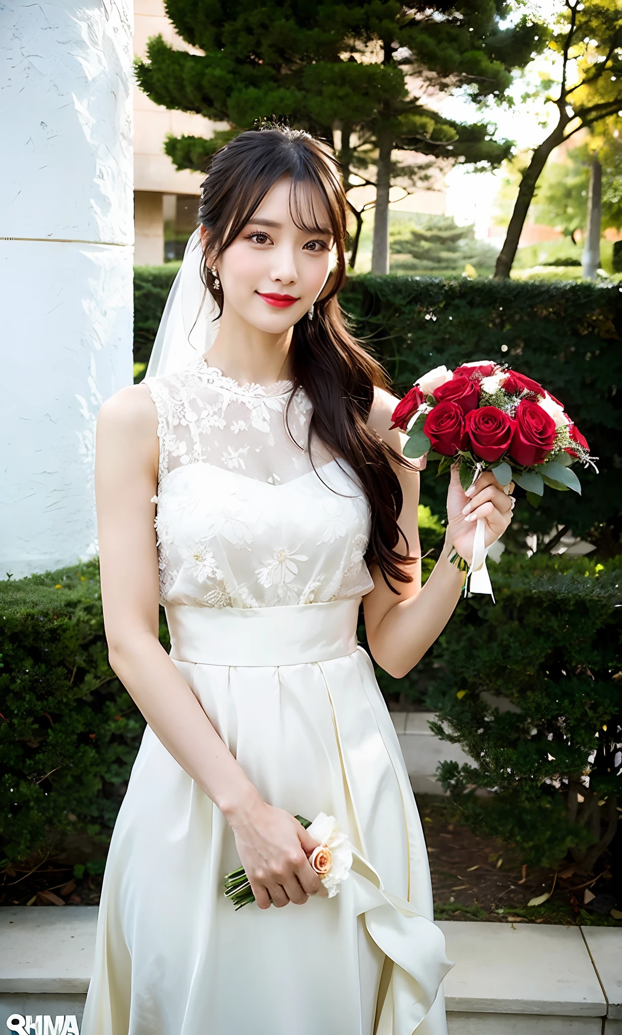 In front of the ceremony, a la fed woman in a wedding dress with a bouquet of roses, lovely woman holding flowers, Sakimi-chan, Yoshitomo Nara, photo taken with Nikon D750, photo taken with Nikon D7 5 0, cute elegant pose, shot with Canon EOS 5D Mark IV, beautiful asian girl, Ayami on Kojima, skinny, black hair, full body