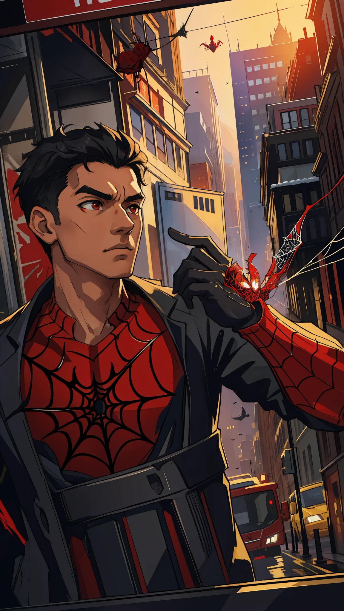 (masterpiece, best quality), intricate details, 8k, artstation, wallpaper, official art, splash art, sharp focus,
1boy, red eyes,
 spider suit, spider web printing, spider web,  
skyscrapers, city, buildings, cars, street, norml face, black hair, short hair