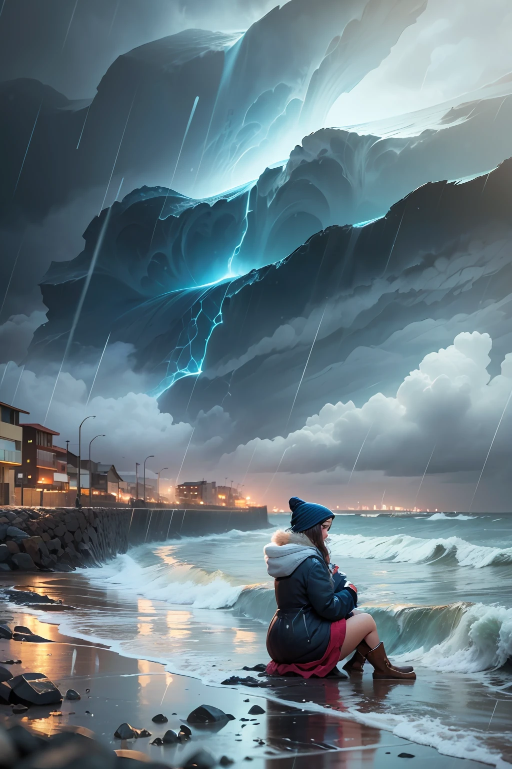 South American coastal city in the middle of winter with very cold, rain and storm surge, a woman sitting on the breakwater looking at the sea, realistic, intricate details, digital art, 16k --auto --s2