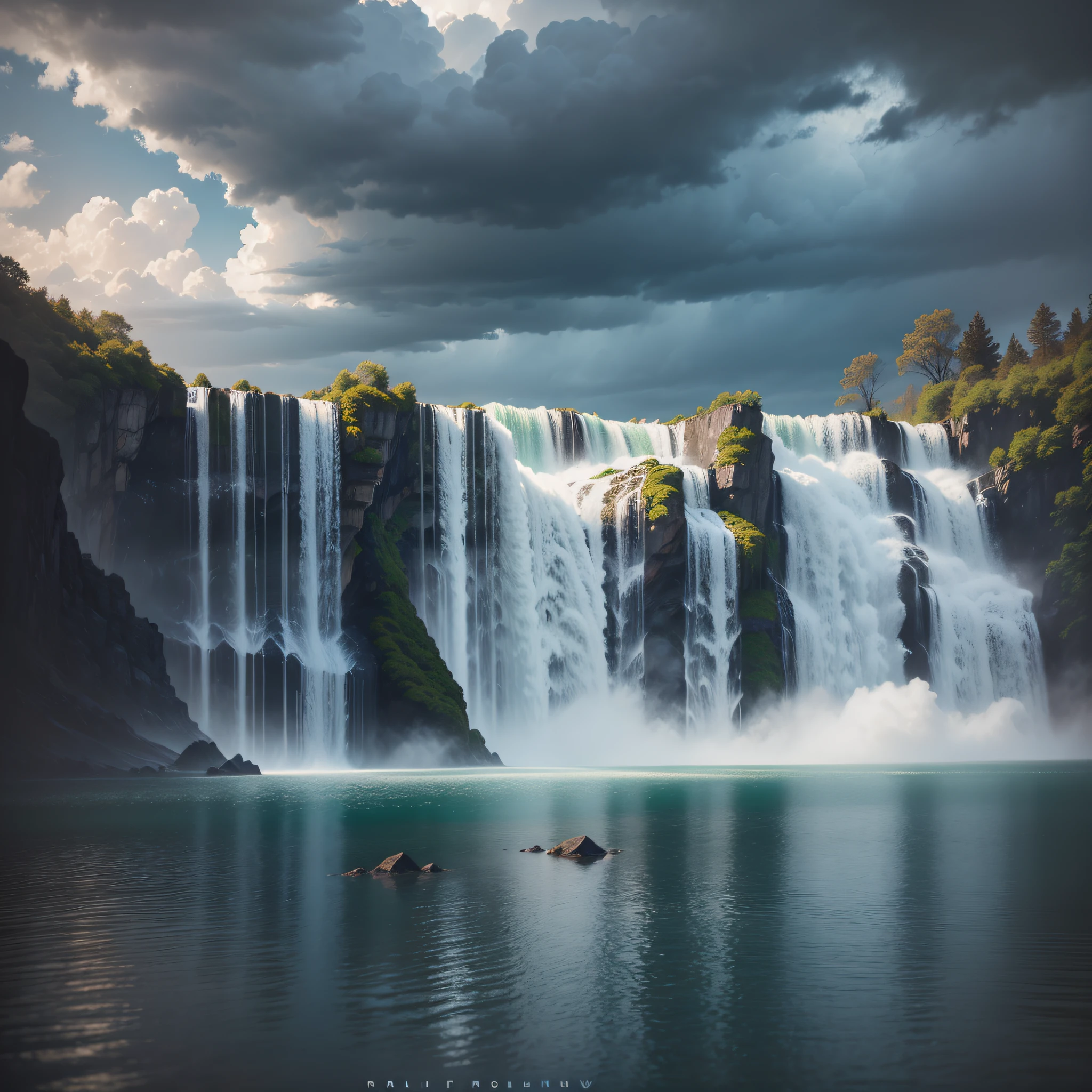Waterfall in the style of Marek Ruzyk painting, magnificent storm clouds, Renaissance style painting, professional color grading, soft shadows, no contrast, f/1.8, 35mm lens, accent lighting, global illumination, film photography, —ar 16:9 --auto --s2