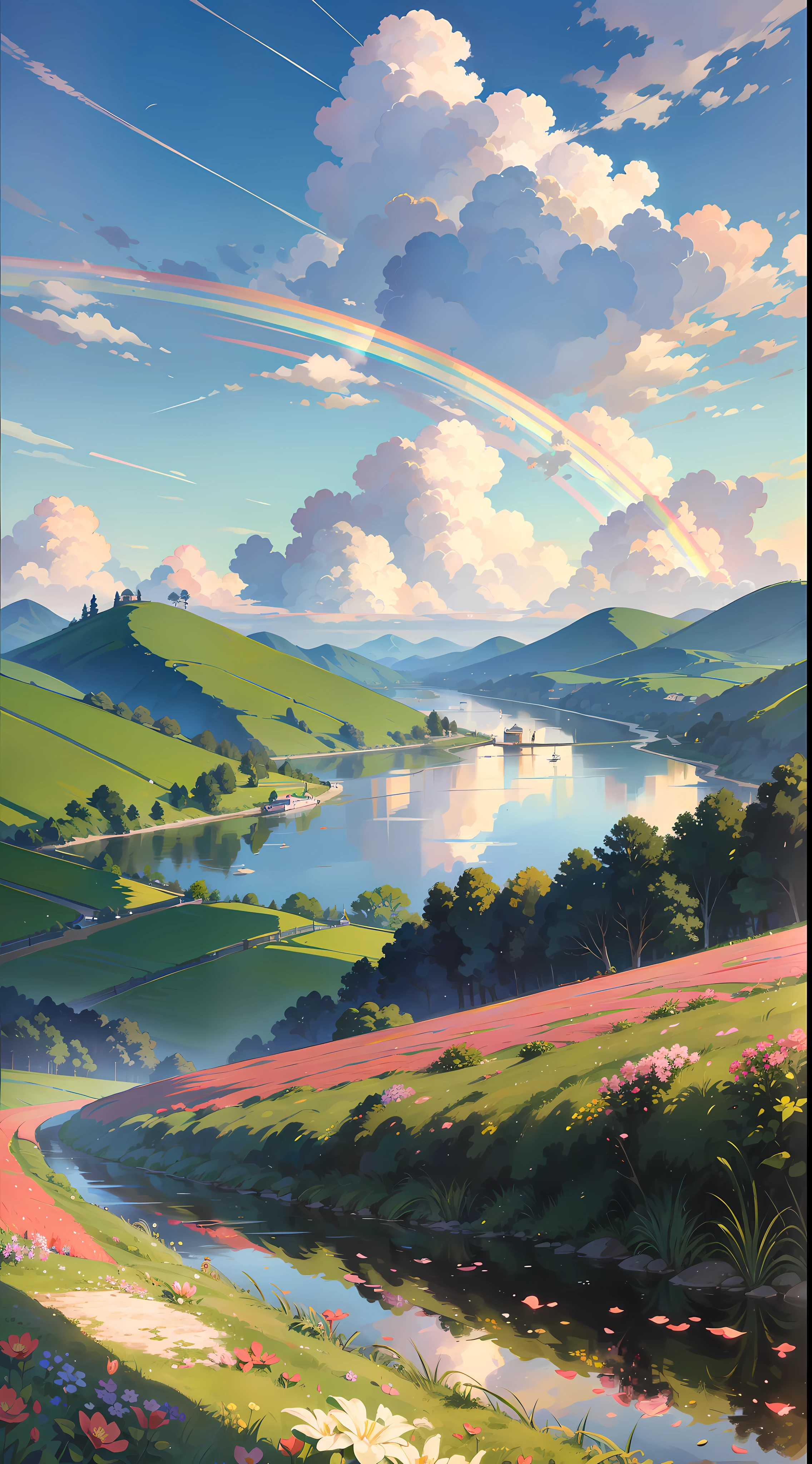 A countryside landscape inspired by Japanese art, with a rainbow over the horizon. The sun shines in the clear blue sky, illuminating the landscape with a soft light. The field is filled with colorful flowers, which extend as far as the eye can see. On the riverbank, there is a small boat anchored, gently swaying in the water.
