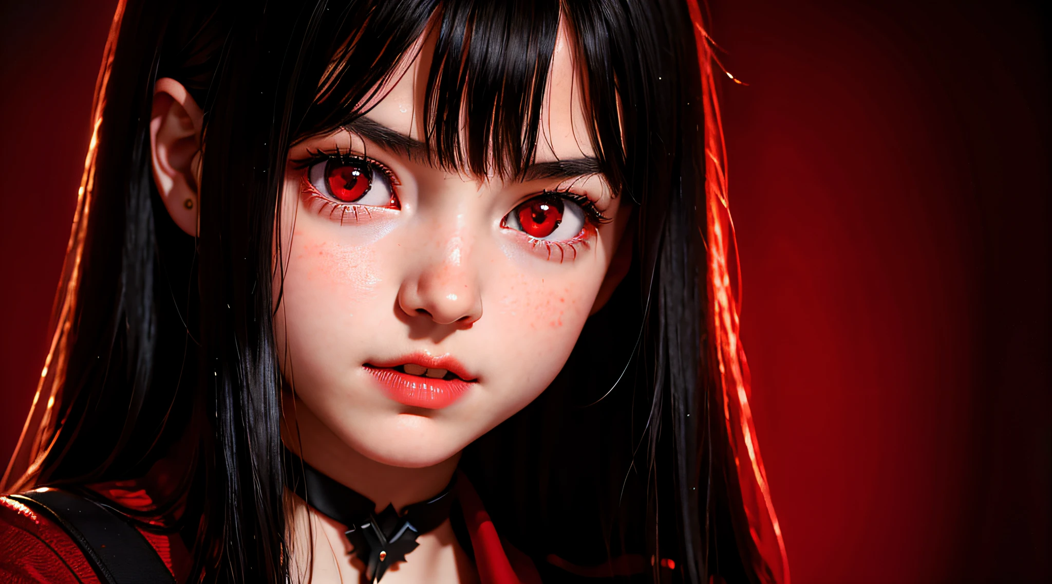 VAMPIRE CHILD GIRLS, ((Face close up)), better quality, (The detail is clear for every hair on the face), AND LONG DARK HAIR, red background. , (beautiful bright red eyes), realistic photo, 20 megapixel, nikon d850, ((vibrant, realistic photo, sharp focus, 8k)),
