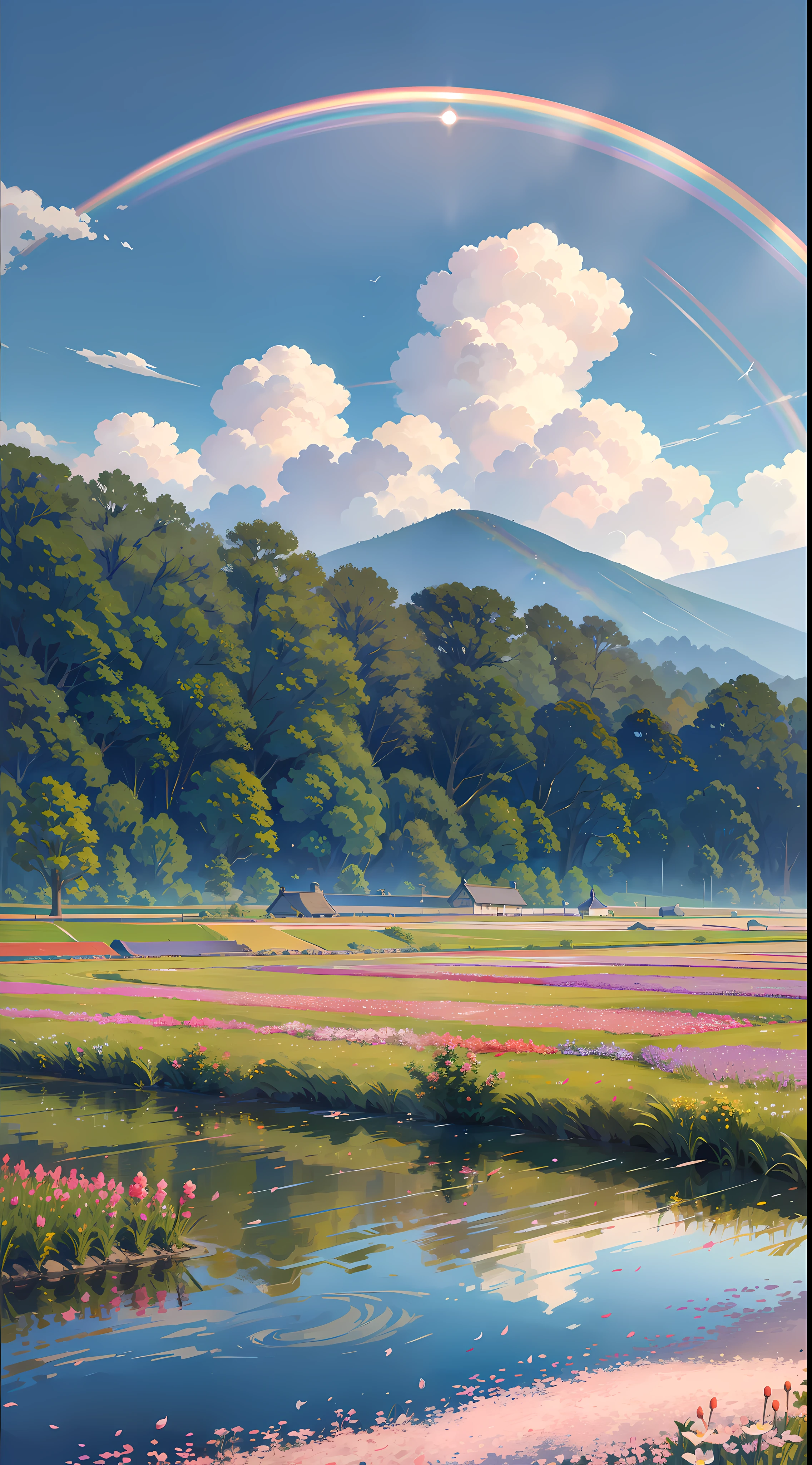 A countryside landscape inspired by Japanese art, with a rainbow over the horizon. The sun shines in the clear blue sky, illuminating the landscape with a soft light. The field is filled with colorful flowers, which extend as far as the eye can see. On the riverbank, there is a small boat anchored, gently swaying in the water.