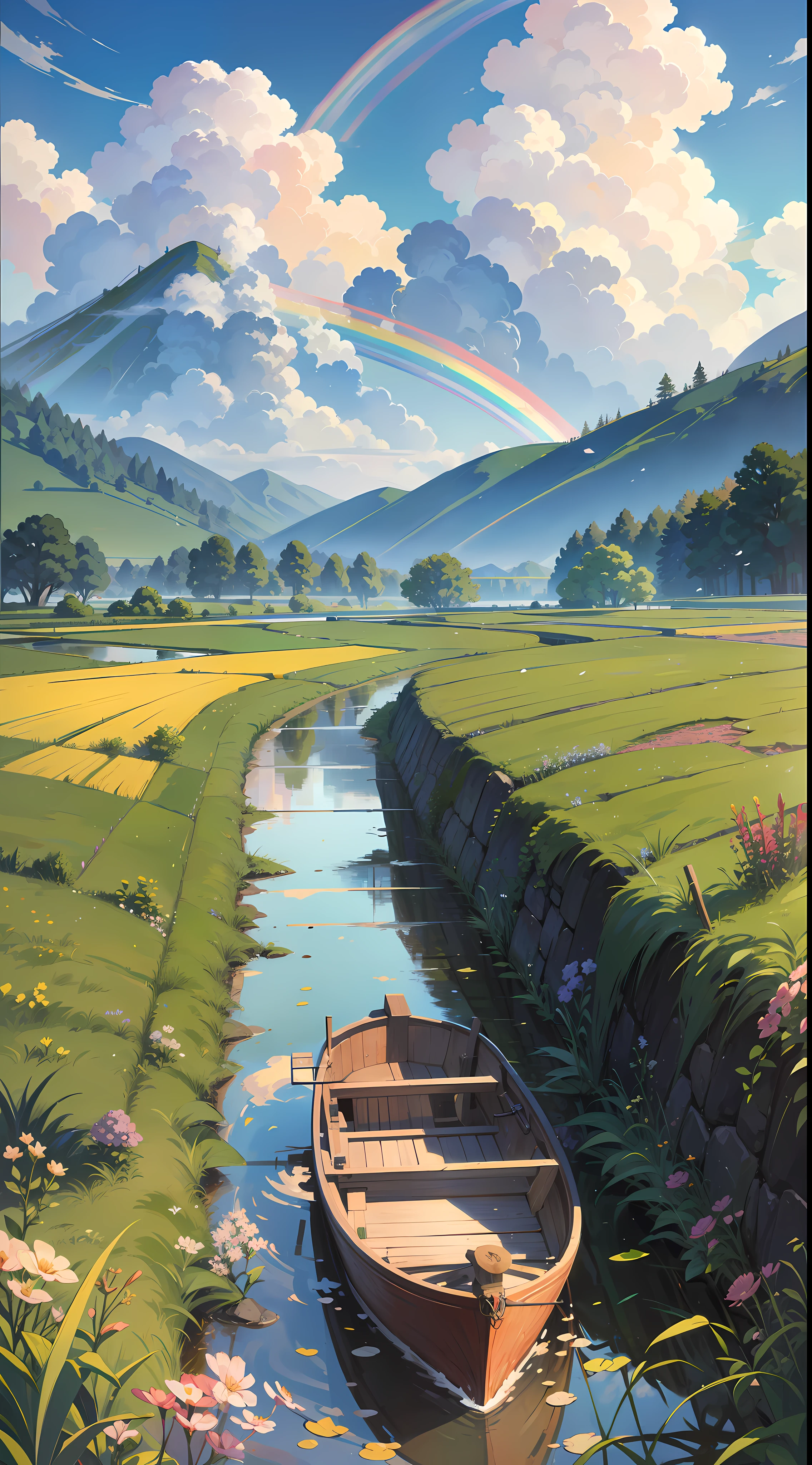 A countryside landscape inspired by Japanese art, with a rainbow over the horizon. The sun shines in the clear blue sky, illuminating the landscape with a soft light. The field is filled with colorful flowers, which extend as far as the eye can see. On the riverbank, there is a small boat anchored, gently swaying in the water.