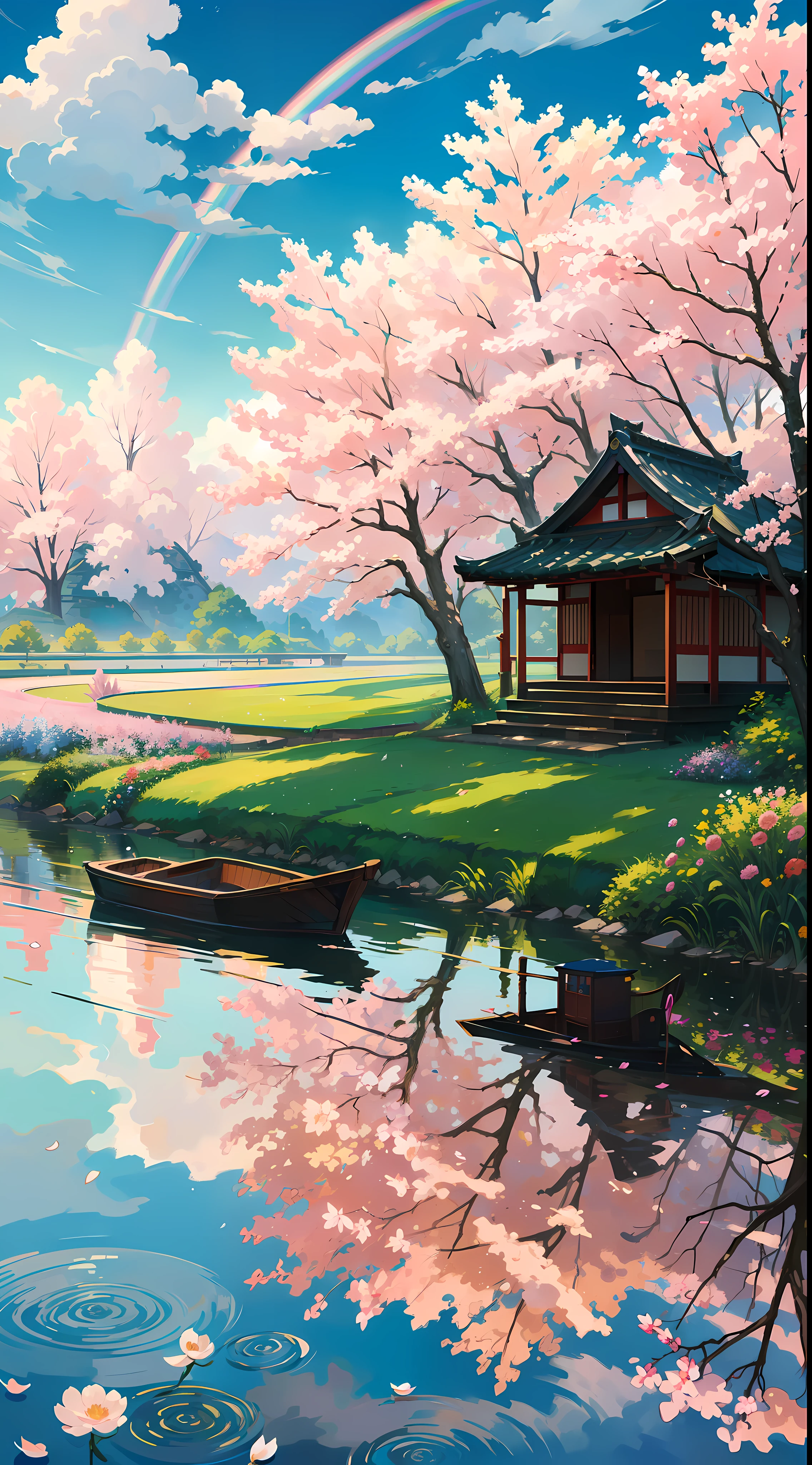 A countryside landscape inspired by Japanese art, with a rainbow over the horizon. The sun shines in the clear blue sky, illuminating the landscape with a soft light. The field is filled with colorful flowers, which extend as far as the eye can see. On the riverbank, there is a small boat anchored, gently swaying in the water.