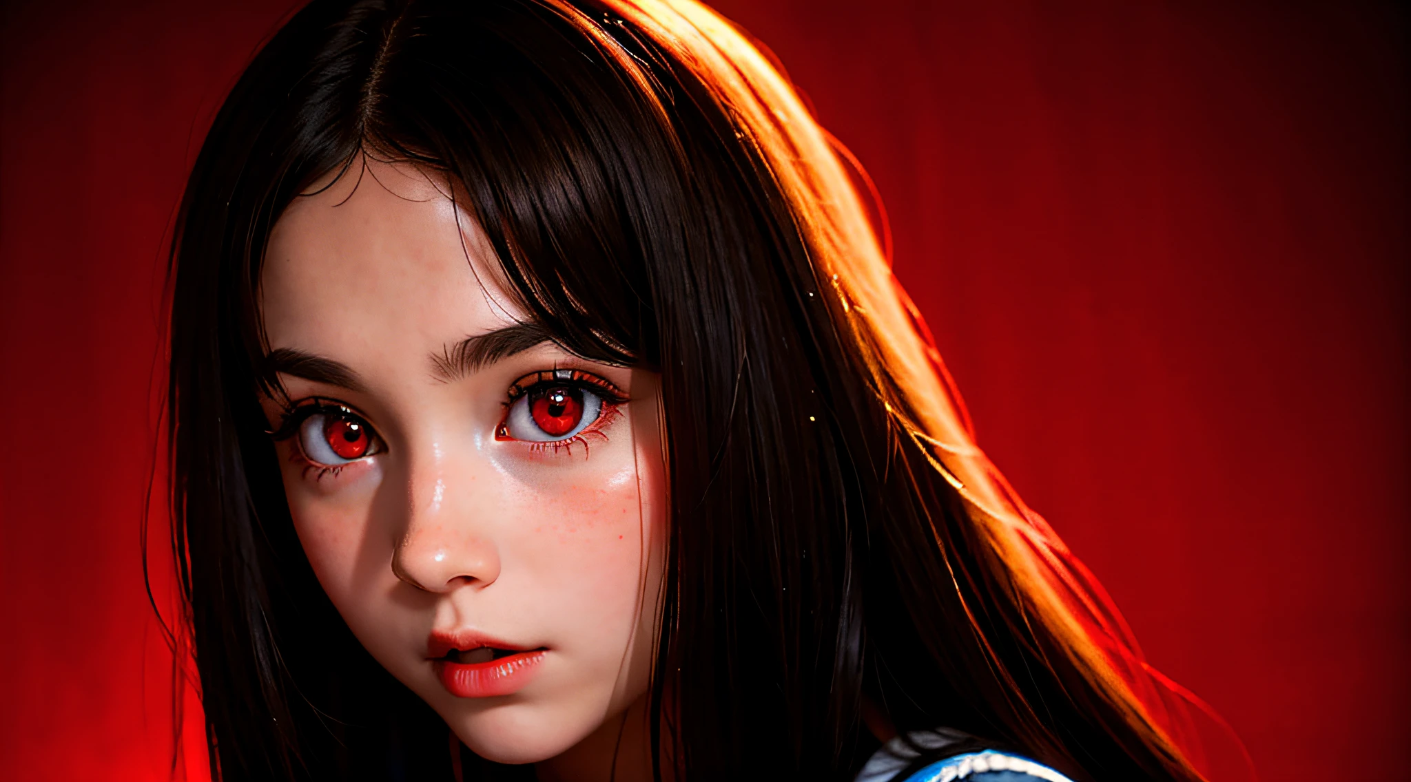 VAMPIRE CHILD GIRLS, ((Face close up)), better quality, (The detail is clear for every hair on the face), AND LONG DARK HAIR, red background. , (beautiful bright red eyes), realistic photo, 20 megapixel, nikon d850, ((vibrant, realistic photo, realistic, dramatic, sharp focus, 8k)),