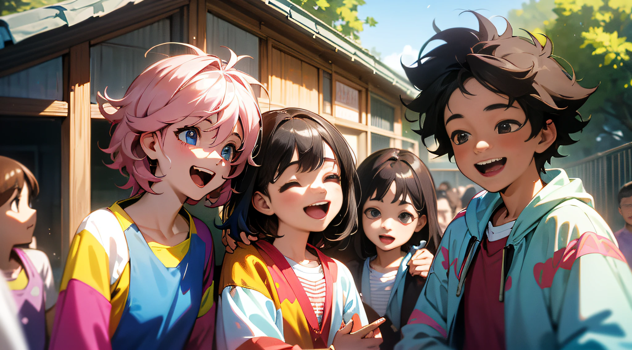 A group of happy children, living well and intelligent, boys and girls, ages between 15 and 25 years, wearing colorful clothes, messy hair, scholars (1 group), on a day of radiant sunshine and with various fun games, hyper realistic, 4K, realistic, real life. --auto --s2