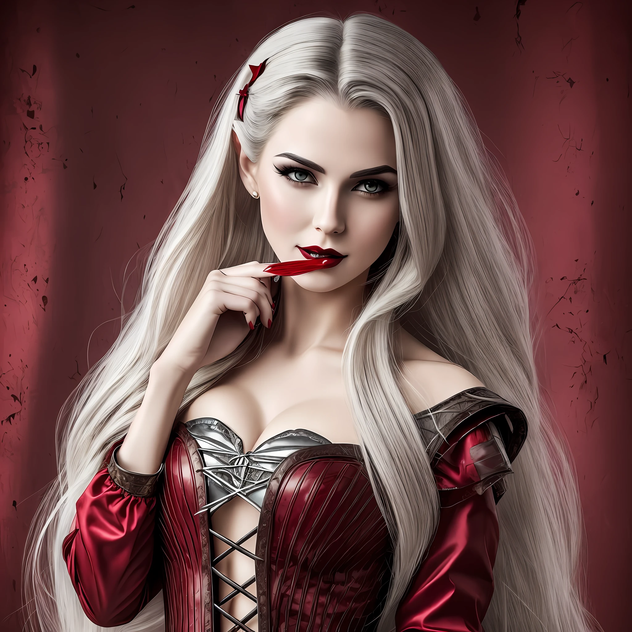 (high quality), (realistic), vampire woman with blood in her mouth, and long nails, with medieval clothing --auto --s2