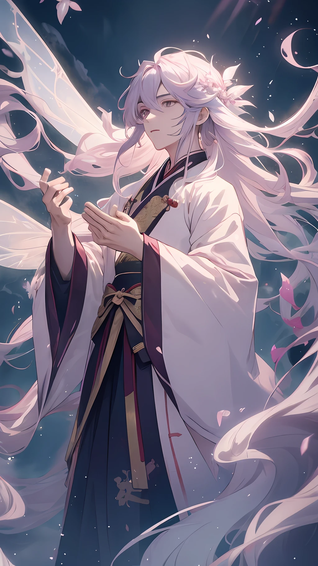 Hanfu, male, manly, long hair, wide robe with big sleeves, fairy fluttering, floating, cloudy, extreme detail, dramatic composition, glow