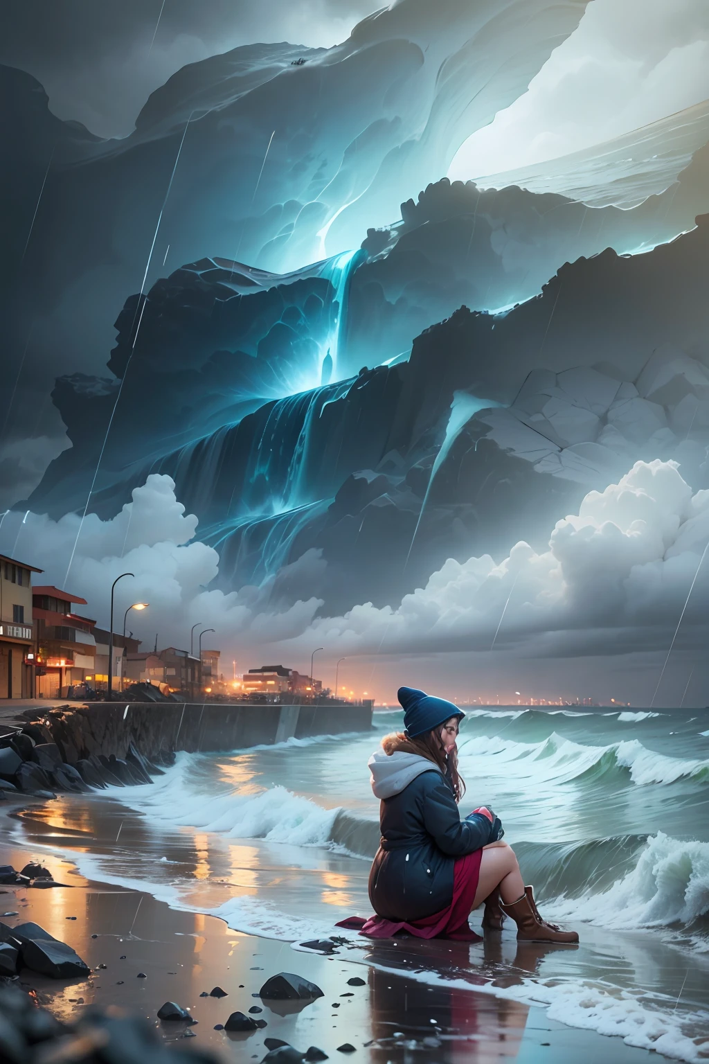 South American coastal city in the middle of winter with very cold, rain and storm surge, a woman sitting on the breakwater looking at the sea, realistic, intricate details, digital art, 16k --auto --s2