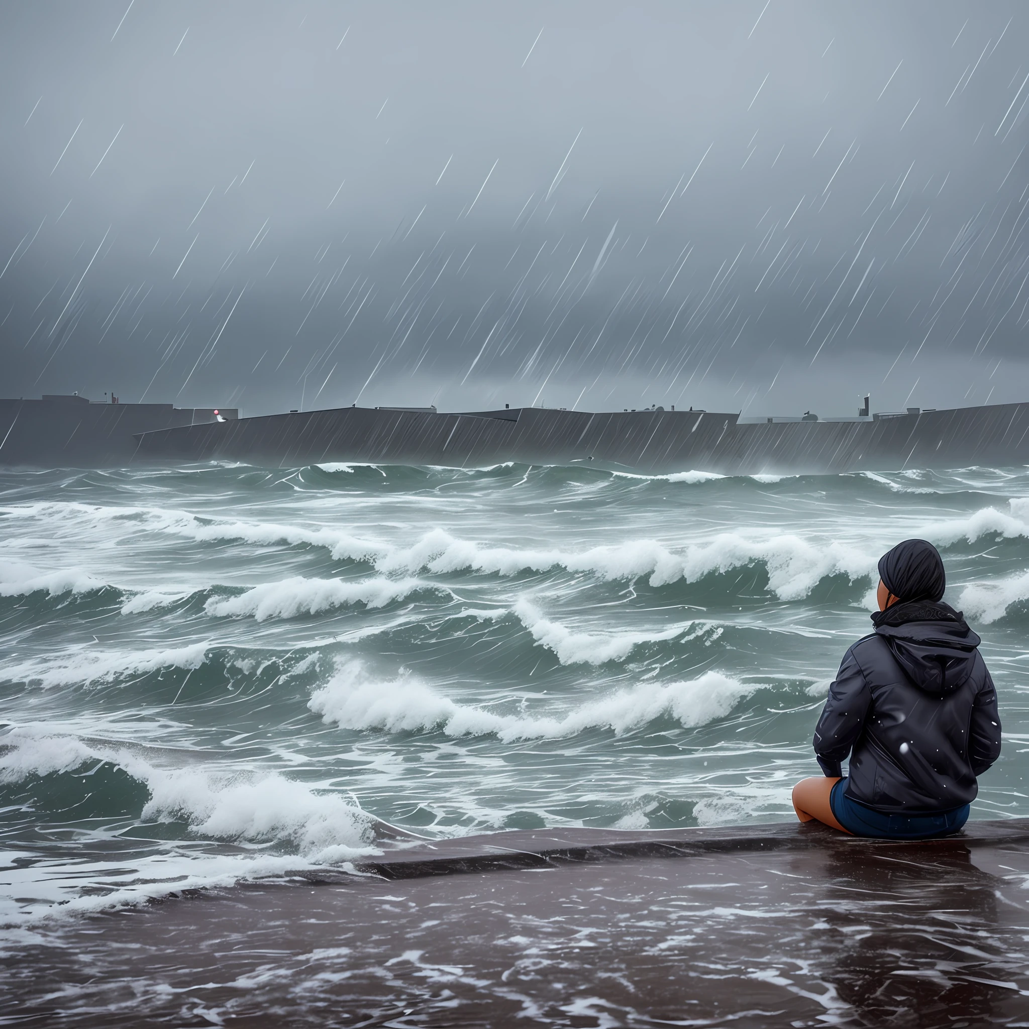 South American coastal city in the middle of winter with very cold, rain and storm surge, a woman sitting on the breakwater looking at the sea, realistic, intricate details, digital art, 16k --auto --s2
