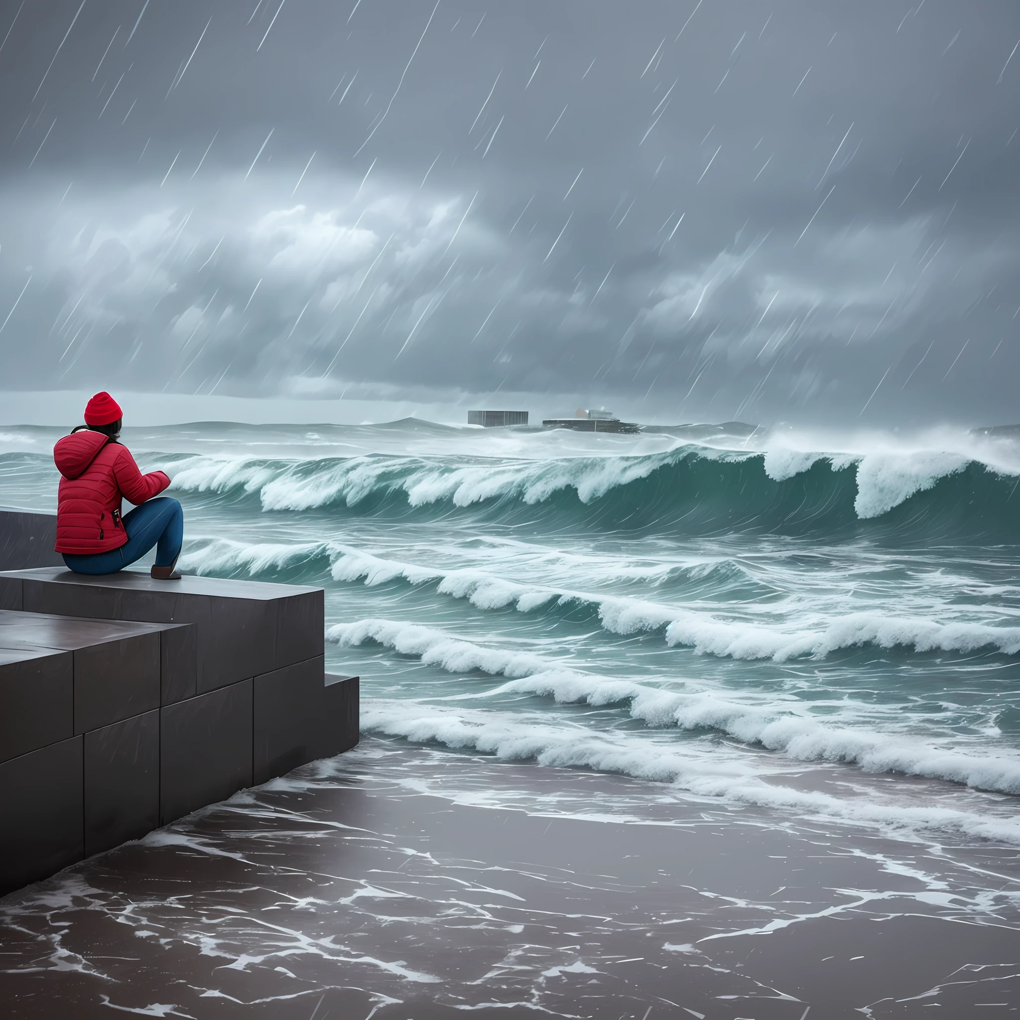 South American coastal city in the middle of winter with very cold, rain and storm surge, a woman sitting on the breakwater looking at the sea, realistic, intricate details, digital art, 16k --auto --s2