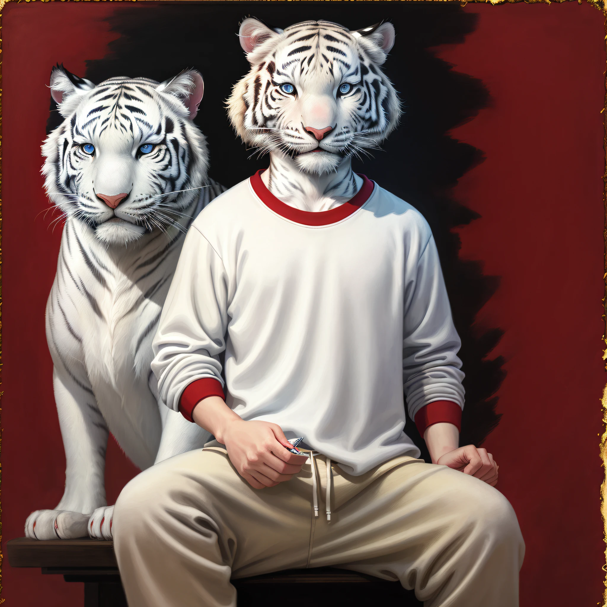 (city) white tiger (hyporealist) smile, young, wearing a red sweatshirt (closed) paws inside pocket, blue eyes (realistic well drawn) pupil of black eyes (realistic and well drawn, well defined) , image quality, full body close-up, exquisite painting style