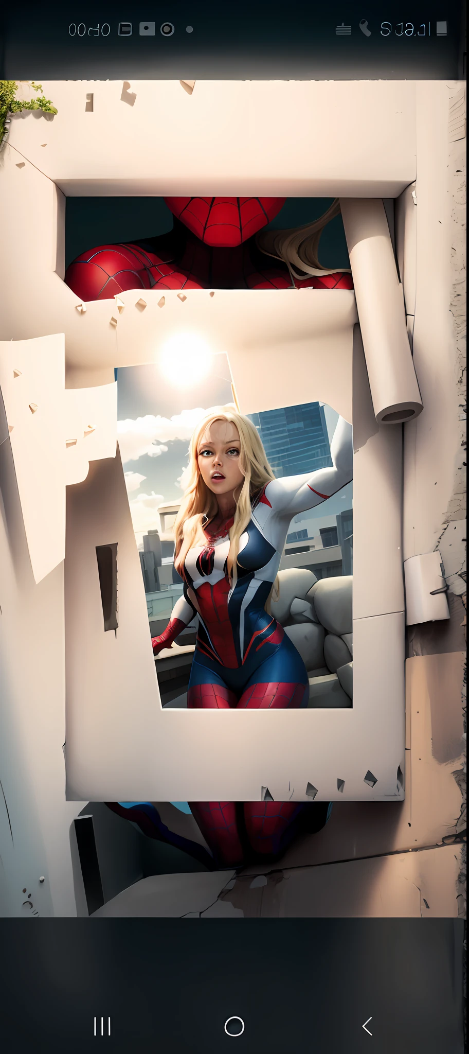 4k, realistic, charismatic, lots of detail, there's a girl at the top of town, wearing the Spider-Man costume, she's a spider-man, white superhero theme, long blonde hair, 25 years old, full body