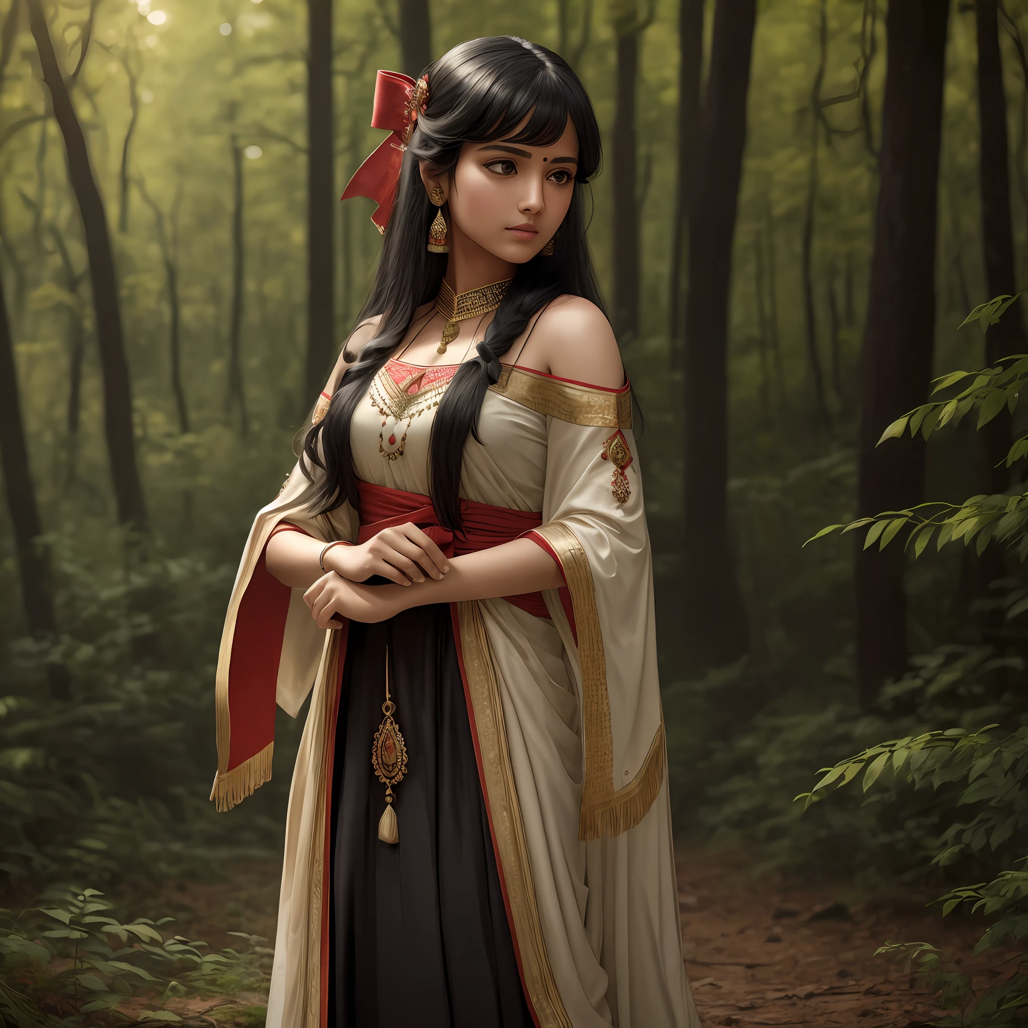 (high quality) (realistic photo) , Indian dress, black hair, holding bow and closes in the middle of the forest --auto --s2
