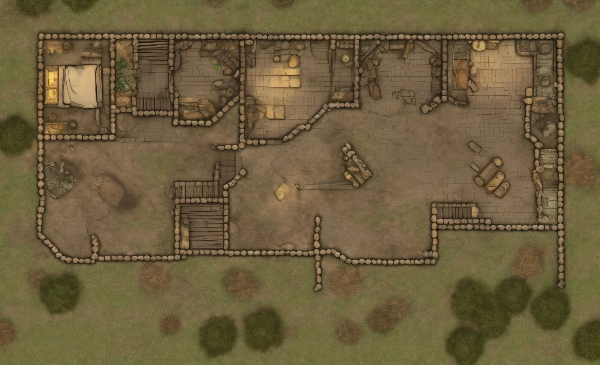 Create a detailed 2D map for an epic battle for a Dungeon & Dragons (D&D) RPG, with lots of interesting terrain and obstacles. Plus, create a cozy, atmospheric interior of a tavern where players can rest and plan their next adventure. The map should contain a wealth of detail, vibrant elements, well-defined shadows and lighting, as well as a sense of depth and dimension.