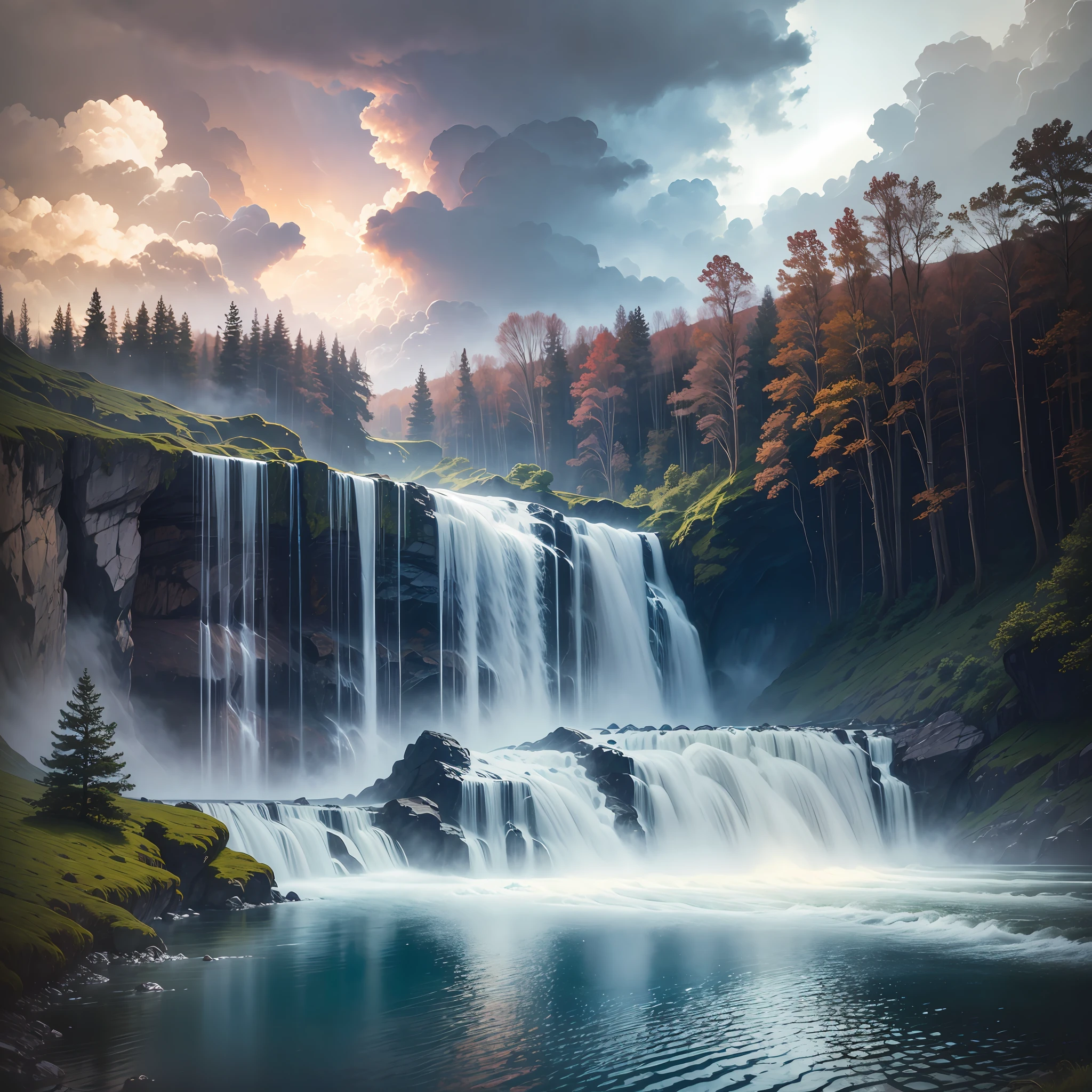 Waterfall in the style of Marek Ruzyk painting, magnificent storm clouds, Renaissance style painting, professional color grading, soft shadows, no contrast, f/1.8, 35mm lens, accent lighting, global illumination, film photography, —ar 16:9 --auto --s2