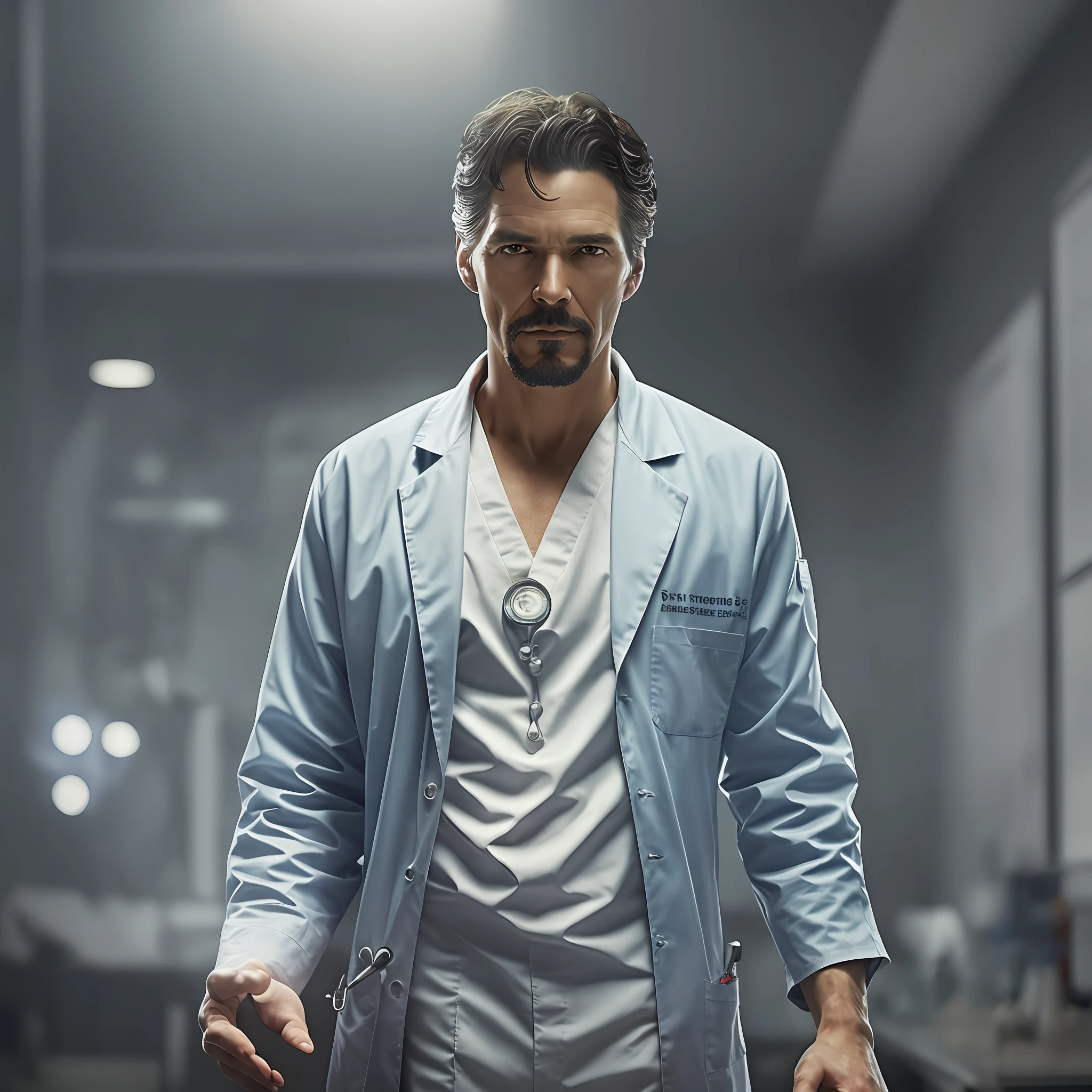 Portrait style, dramatic lighting, Stephen Strange in neurosurgeon scrubs standing against a hospital setting with a medical chart background, illustrated by Jim Lee, 4k resolution, tilt shift camera movement, aspect ratio 9:16) --auto --s2