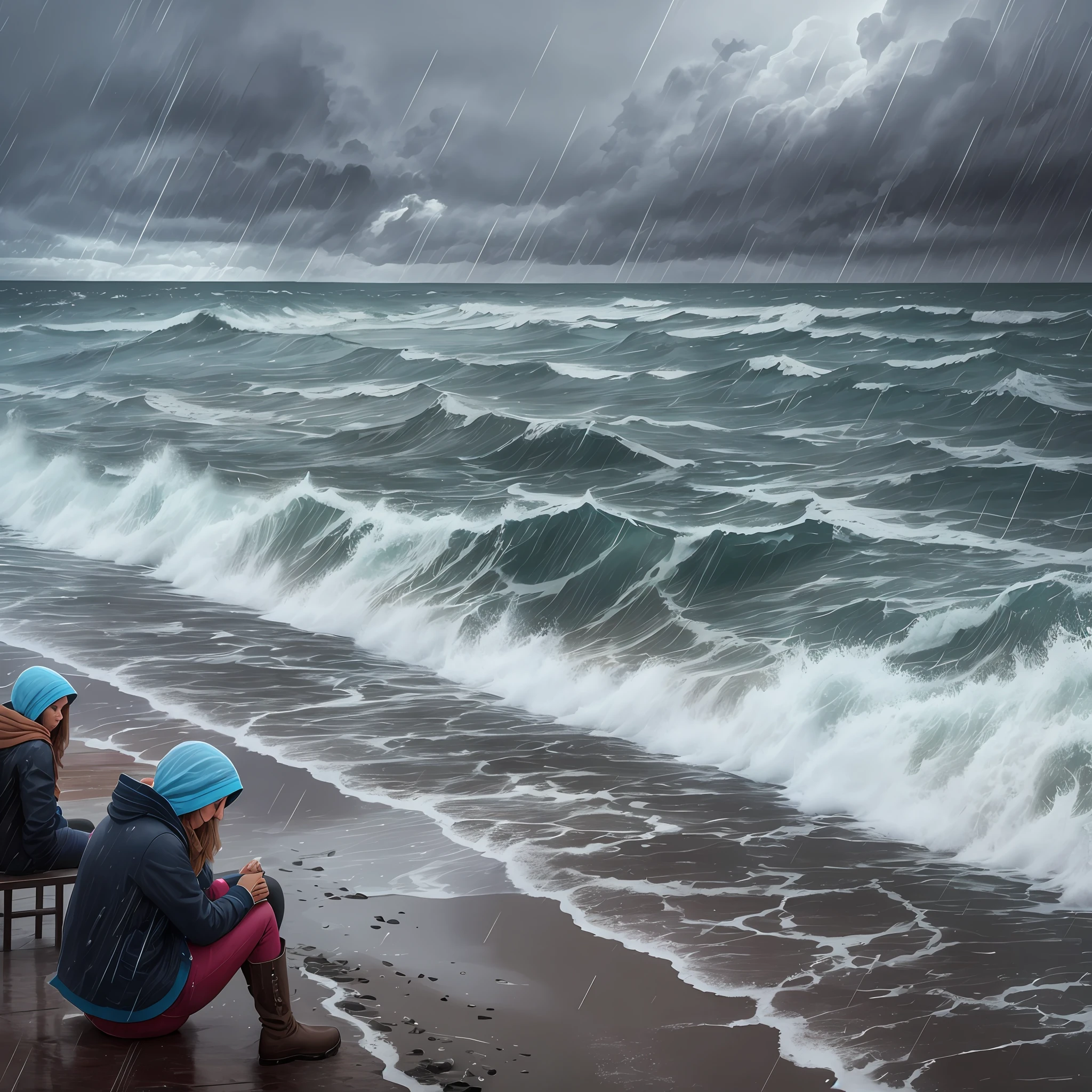 South American coastal city in the middle of winter with very cold, rain and storm surge, a woman sitting on the breakwater looking at the sea, realistic, intricate details, digital art, 16k --auto --s2