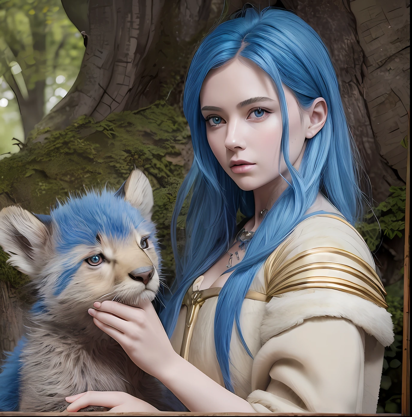 Medieval young woman next to a cub dragon. Realism. Raw. 8k. Blue hair. Light skin. Medieval woods setting. Better quality. Realism. Photorealist 1.4. detailed hands. Baby red dragon. Raw. Better quality. Hand with 5 fingers. Soft light.