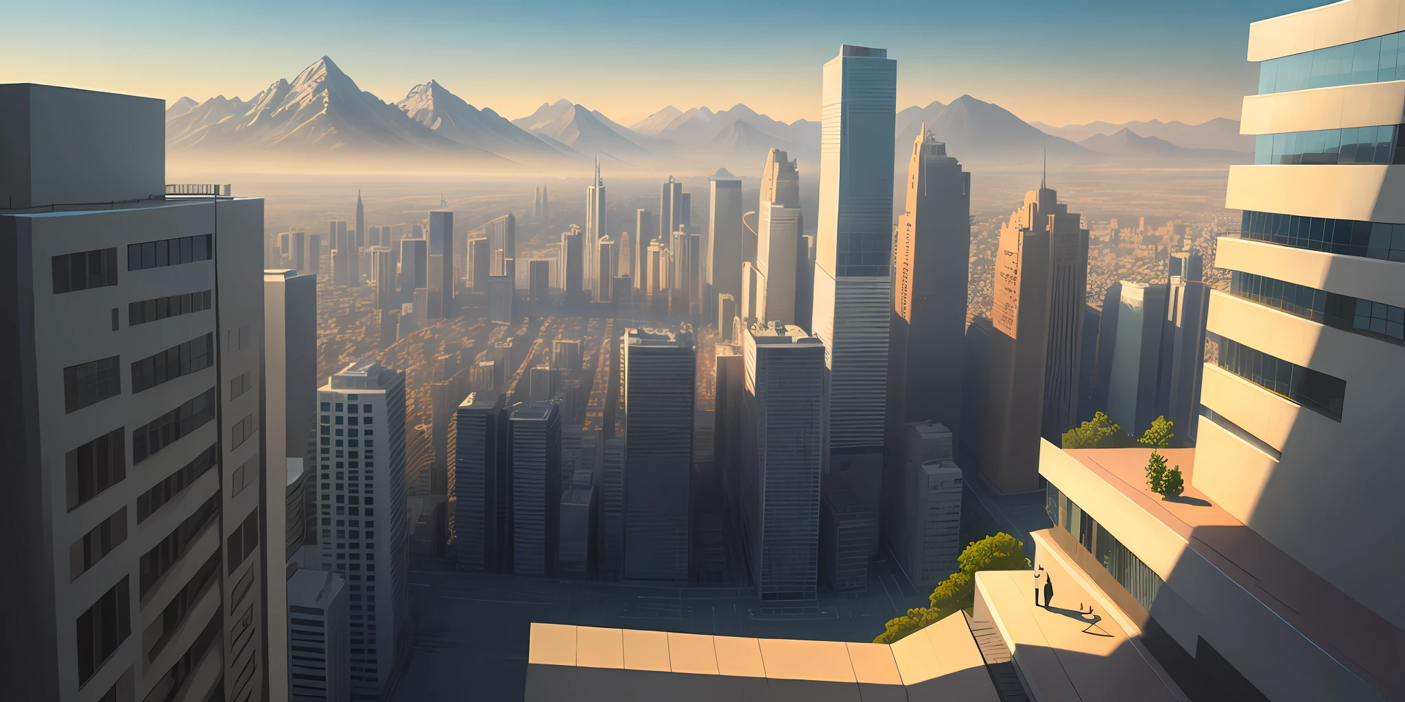 Viewpoint walking on the street of a modern city, heat, dust, tall buildings, mountains, dynamic light, 8K, masterpiece, ultra detailed, melancholy.