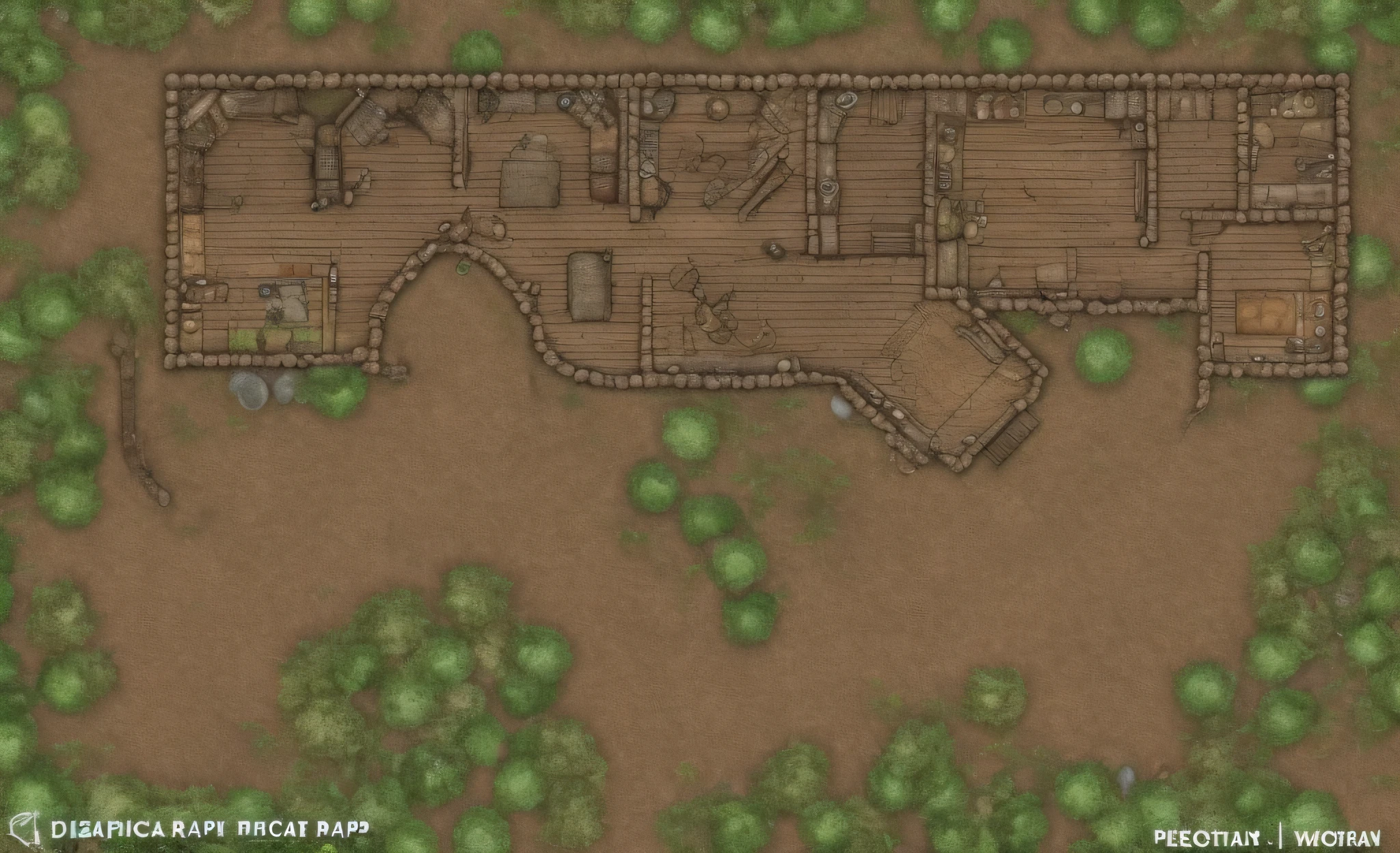 "Realistic map for forest hut for D&D-style role-playing game, rustic wooden details, dark and mysterious atmosphere, natural forest elements and touches of fantasy, map with clear paths and secret hiding places, forest creatures occasionally appearing in the area."