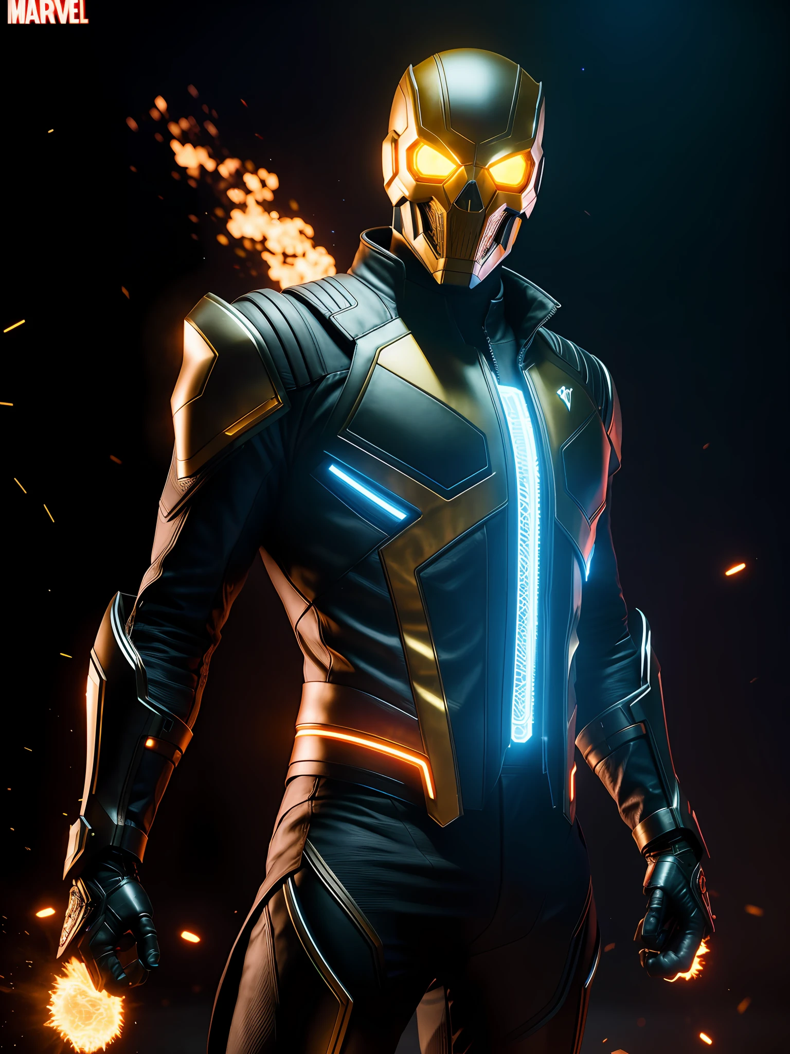 midjourny-v4 style, professional Ghost Rider from Marvel photo shot, with a very detailed intricate cybernetic outfit, a very detailed beautiful face standing in the dark with black particles surrounding the body, proportional body shape + perfect anatomy, symmetrical dynamic pose, volumetric shadow, neon glowing dust particle effect + detailed particles, Full HD rendering + octane 3D rendering + unreal engine 5 graphics 4k UHD+  Huge Detail + Dramatic Lighting + Good Lighting + Good Lighting + Intricate + Fine Details + Octane Render + Ray Tracing + 8k + Sharp Focus + High Vibration Contrast, Marvel-Style, Trending on ArtStation