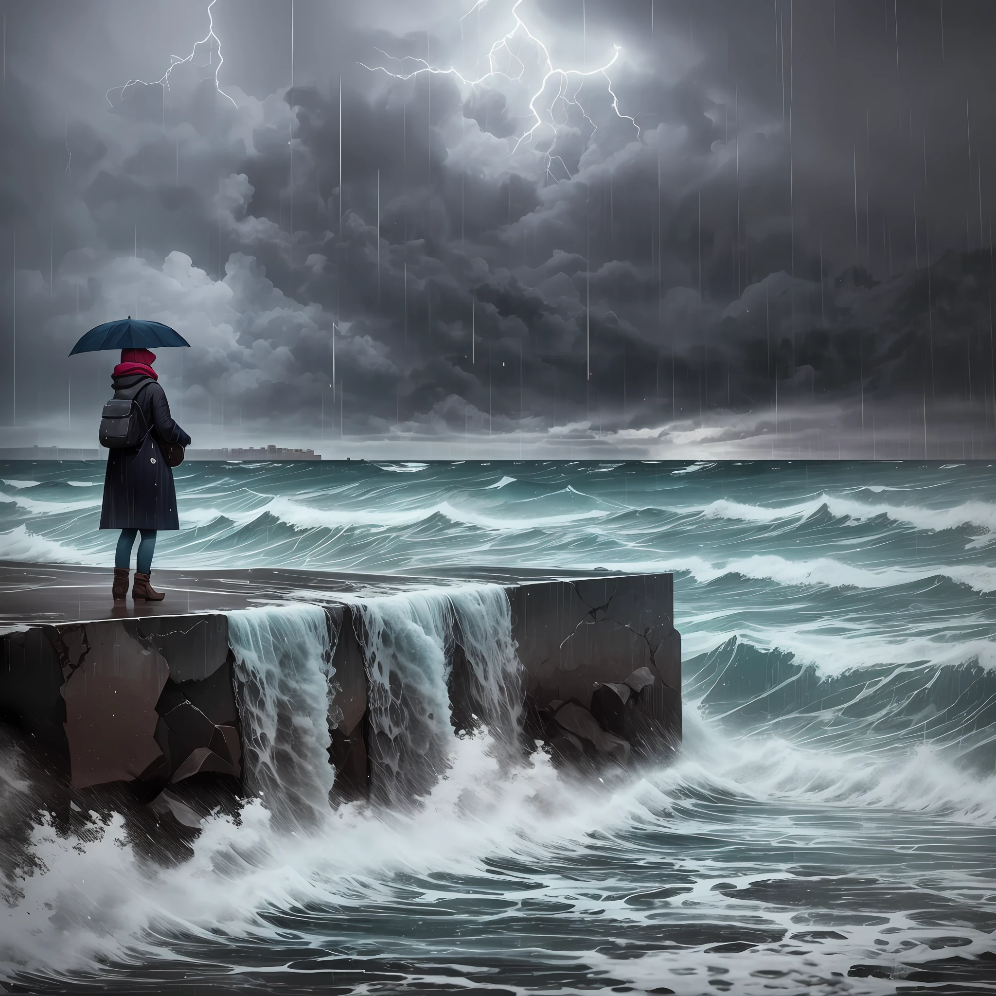 South American coastal city in the middle of winter with very cold, rain and storm surge, a woman sitting on the breakwater looking at the sea, realistic, intricate details, digital art, 16k --auto --s2