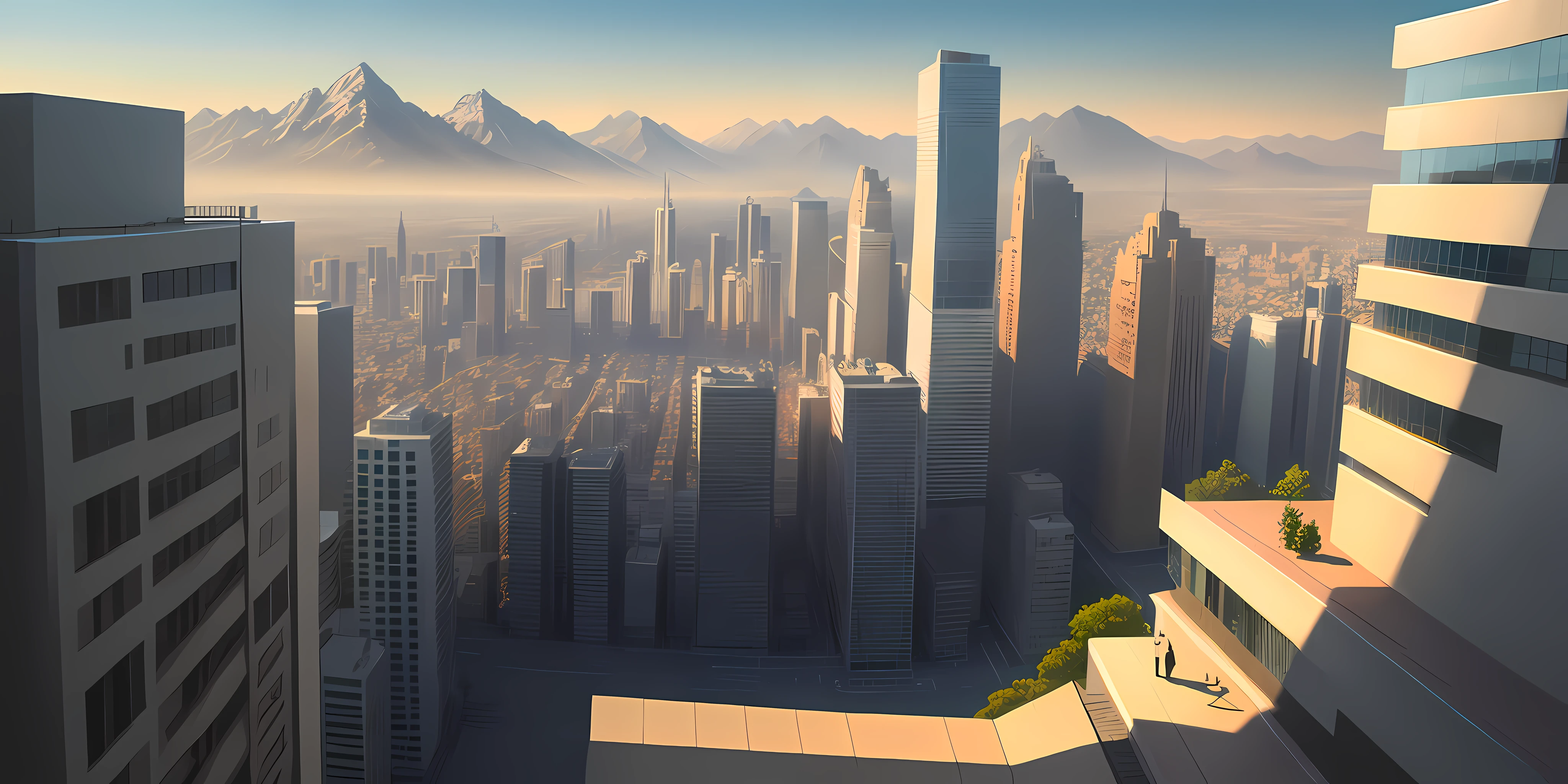 Viewpoint walking on the street of a modern city, heat, dust, tall buildings, mountains, dynamic light, 8K, masterpiece, ultra detailed, melancholy.