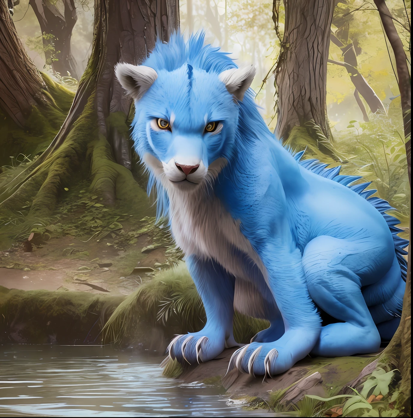 Medieval young woman next to a cub dragon. Realism. Raw. 8k. Blue hair. Light skin. Medieval woods setting. Better quality. Realism. Photorealist 1.4. detailed hands. Baby red dragon. Raw. Better quality. Hand with 5 fingers. Soft light.