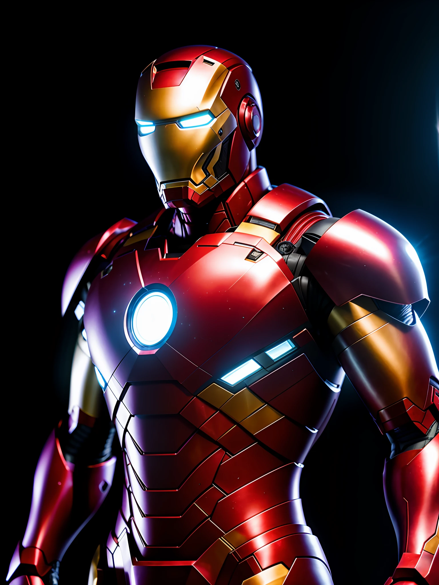 midjourny-v4 style, professional photograph of Iron Man from Marvel, with a very detailed intricate cybernetic outfit, a very detailed beautiful face standing in the dark with black particles surrounding the body, proportional body shape + perfect anatomy, symmetrical dynamic pose, volumetric shadow, neon glowing dust particle effect + detailed particles, Full HD rendering + octane 3D rendering + unreal engine 5 graphics 4k UHD + huge Detail + Dramatic Lighting + Good Lighting + Good Lighting + Intricate + Fine Details + Octane Render + Ray Tracing + 8k + Sharp Focus + High Vibration Contrast, Marvel Style, Trending on ArtStation