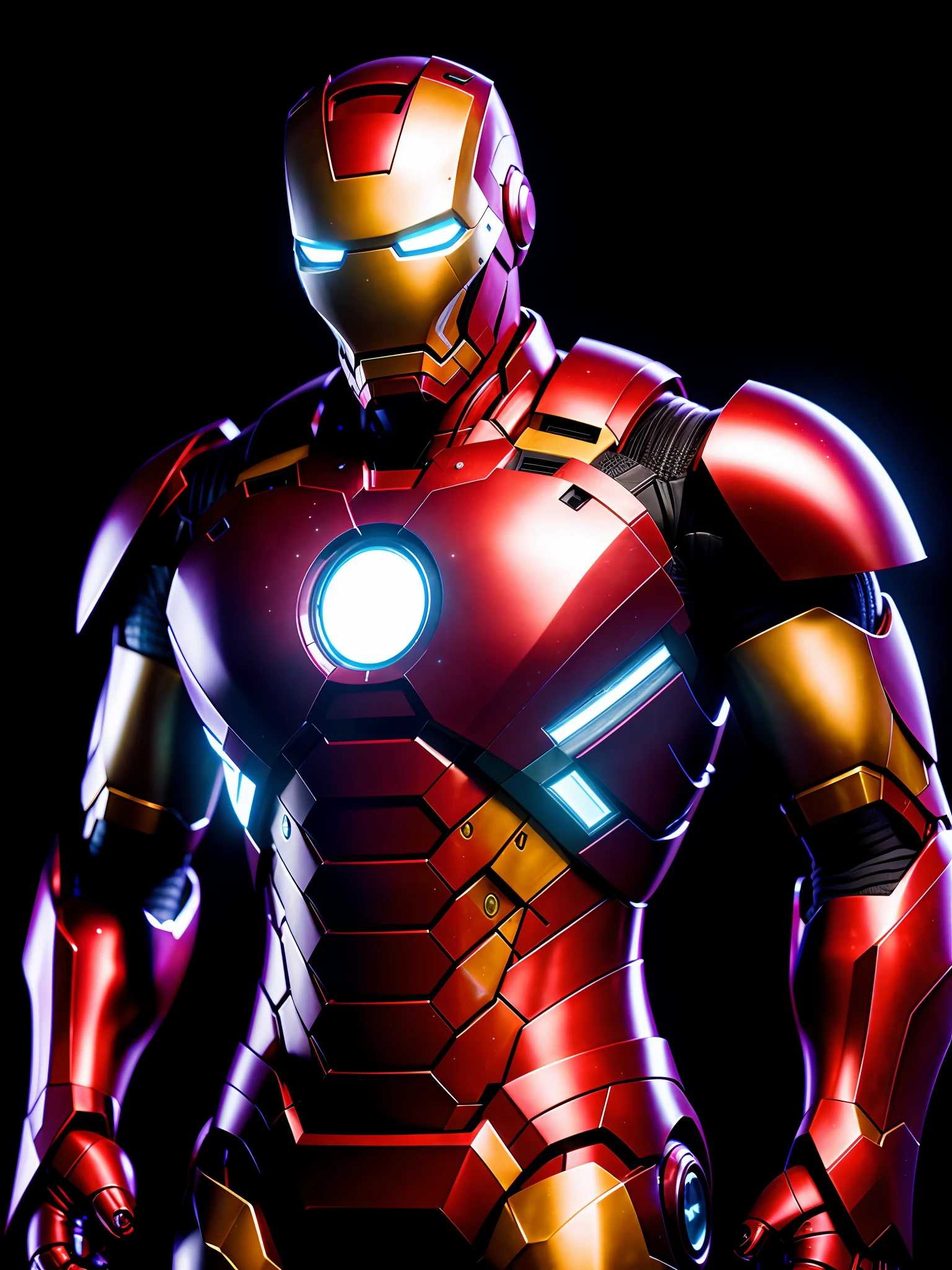 midjourny-v4 style, professional photograph of Iron Man from Marvel, with a very detailed intricate cybernetic outfit, a very detailed beautiful face standing in the dark with black particles surrounding the body, proportional body shape + perfect anatomy, symmetrical dynamic pose, volumetric shadow, neon glowing dust particle effect + detailed particles, Full HD rendering + octane 3D rendering + unreal engine 5 graphics 4k UHD + huge Detail + Dramatic Lighting + Good Lighting + Good Lighting + Intricate + Fine Details + Octane Render + Ray Tracing + 8k + Sharp Focus + High Vibration Contrast, Marvel Style, Trending on ArtStation