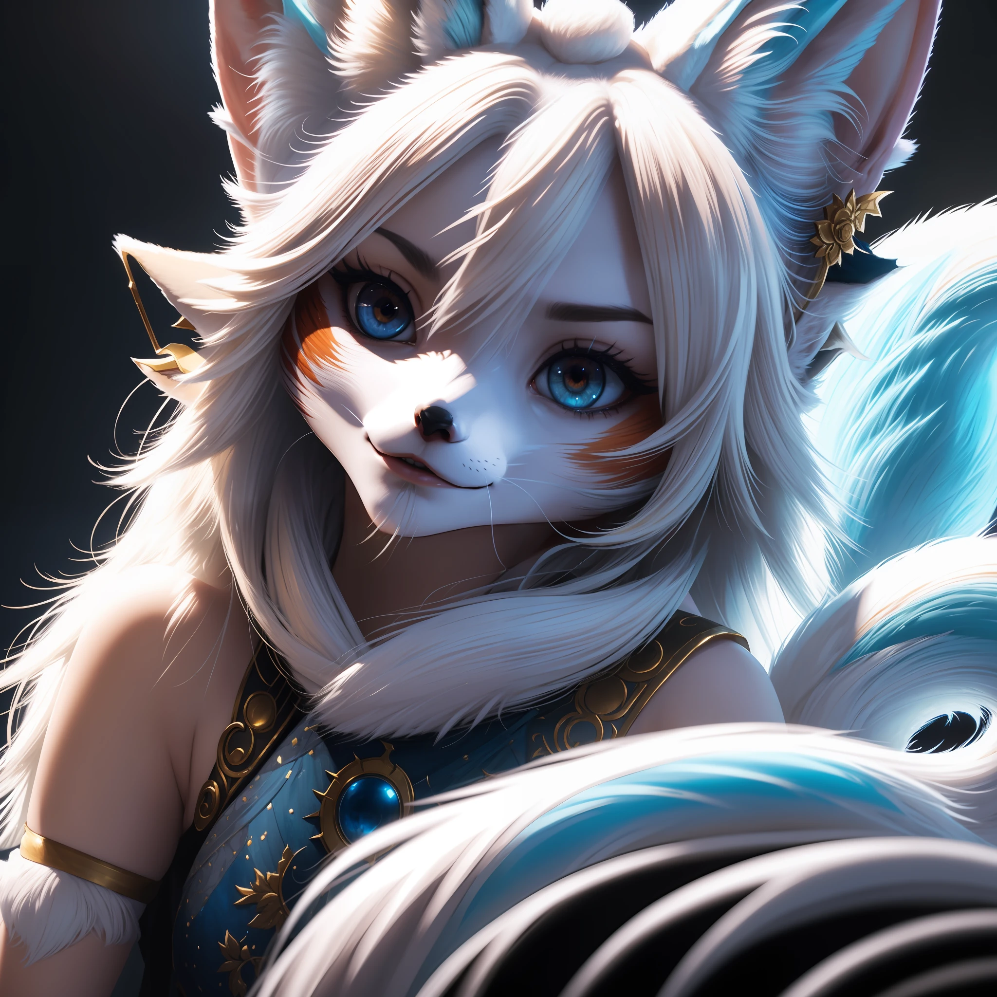 A beautiful woman goddess ((fox)), nine-tailed kitsune in bluish skin with white tones and ultra-realistic hair beautiful snow color, blonde hair, hollow eyes, hollow eyes, animal ears, food on the face, Surrealism, hyperrealism, jpeg artifacts, UHD, masterpiece, anatomically correct, curated, super detail, high detail, high quality, high detail, higher, 8k, Greg Rutkowski, , fantastic, Intricate detail, fantasy concept art, deviant art masterpiece, Cinematic.