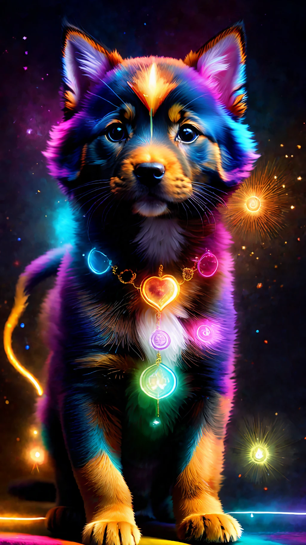 a painting of a colorful puppy on a black background,, breathtaking rendering, within a radiant connection, inspired by Kinuko Y. Craft,, magical elements, kitten icon, wow, is beautiful, casting a multi colorful spell, bright flash, flash
