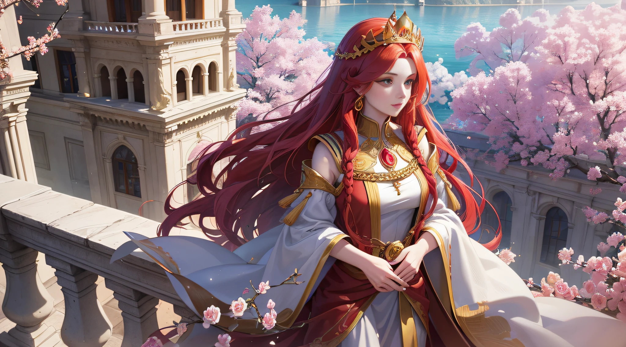 "Drone vision of a divine being, a beautiful woman with long red hair and a golden crown on her head, whole body, admiring the flowers that the wind carries around her in peace, on a balcony of a castle with flowers. Ultra-realistic details in 8k."