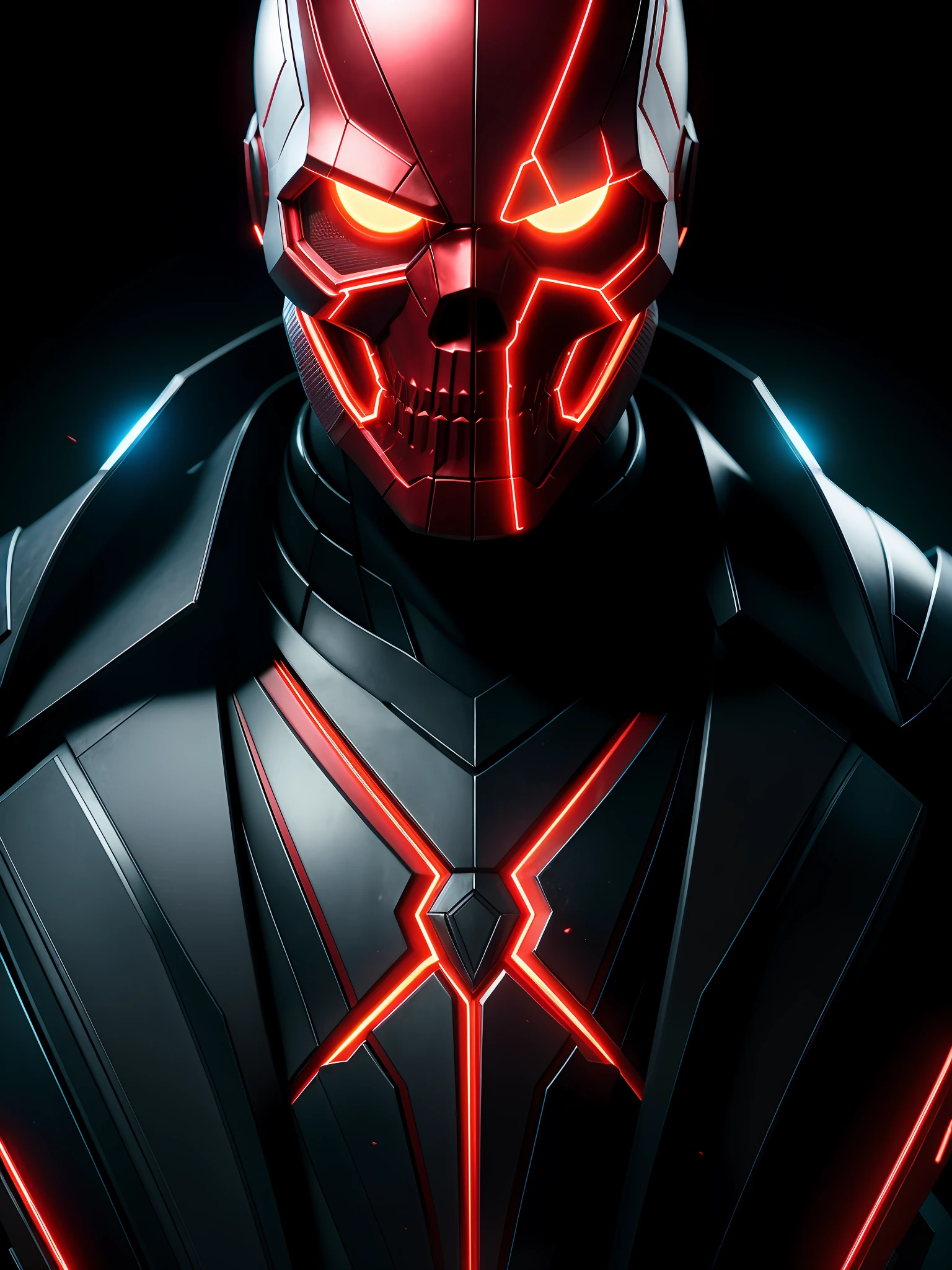 midjourny-v4 style, professional photo shot of Red Skull from Marvel, with a very detailed intricate cybernetic outfit, a very detailed beautiful face standing in the dark with black particles surrounding the body, proportional body shape + perfect anatomy, symmetrical dynamic pose, three-dimensional shadow, neon glowing dust particle effect + detailed particles, Full HD rendering + octane 3D rendering + unreal engine 5 graphics 4k UHD+  Huge Detail + Dramatic Lighting + Good Lighting + Good Lighting + Intricate + Fine Details + Octane Render + Ray Tracing + 8k + Sharp Focus + High Vibration Contrast, Marvel-Style, Trending on ArtStation