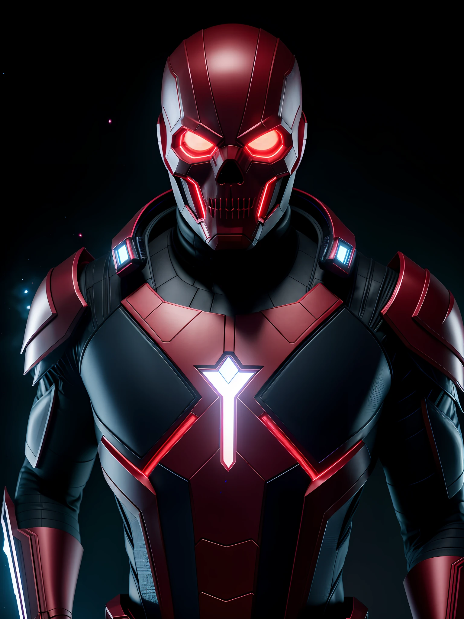 midjourny-v4 style, professional photo shot of Red Skull from Marvel, with a very detailed intricate cybernetic outfit, a very detailed beautiful face standing in the dark with black particles surrounding the body, proportional body shape + perfect anatomy, symmetrical dynamic pose, three-dimensional shadow, neon glowing dust particle effect + detailed particles, Full HD rendering + octane 3D rendering + unreal engine 5 graphics 4k UHD+  Huge Detail + Dramatic Lighting + Good Lighting + Good Lighting + Intricate + Fine Details + Octane Render + Ray Tracing + 8k + Sharp Focus + High Vibration Contrast, Marvel-Style, Trending on ArtStation
