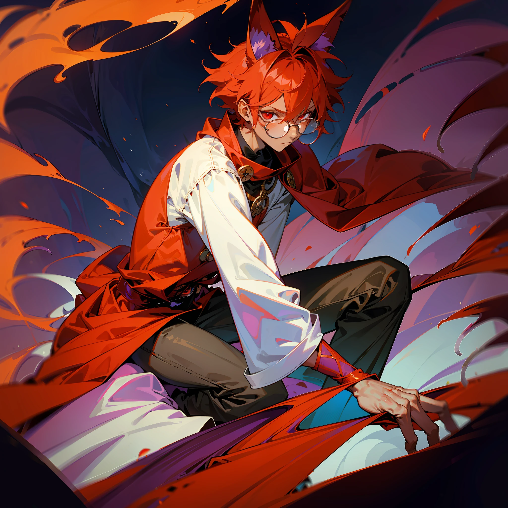 redhead, dark skin, red eyes, 1boy, messy red hair, flames in the ears, 1boy, flames around the user, oversized cape, red rabbit ears, (best quality, masterpiece), sitting, looking at the viewer, dark skin, glasses, short, dark skin, solo, standing, subtle paterns of bright shades of purple along their limbs and tail, red eyes