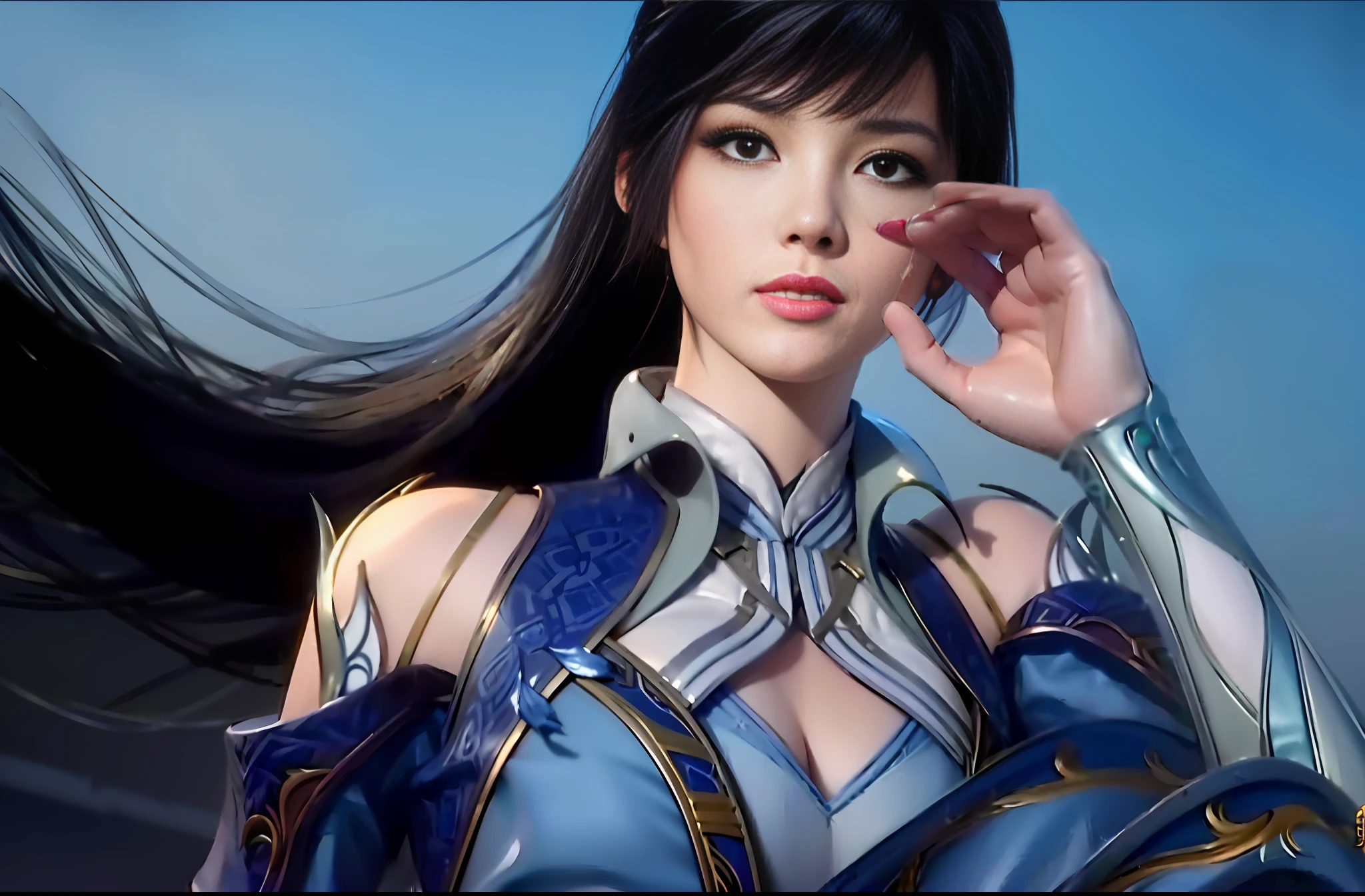 a close up of a woman with long hair talking on a cell phone, inspired by Li Mei-shu, artgerm ; 3d unreal engine, full body xianxia, inspired by Leng Mei, xianxia hero, ruan jia and artgerm, xianxia fantasy, game cg, xianxia, 3 d anime realistic