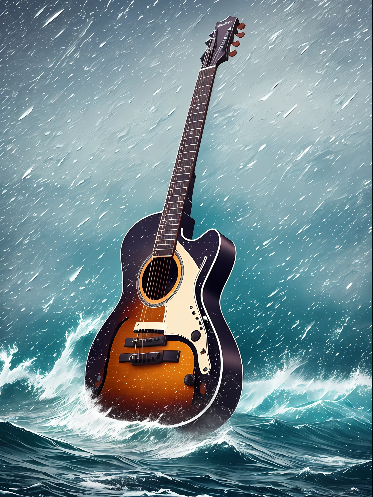 A guitar floating in a rugged sea, rain and cold in the middle of winter, digital art, realistic, intricate details, 16k --auto --s2