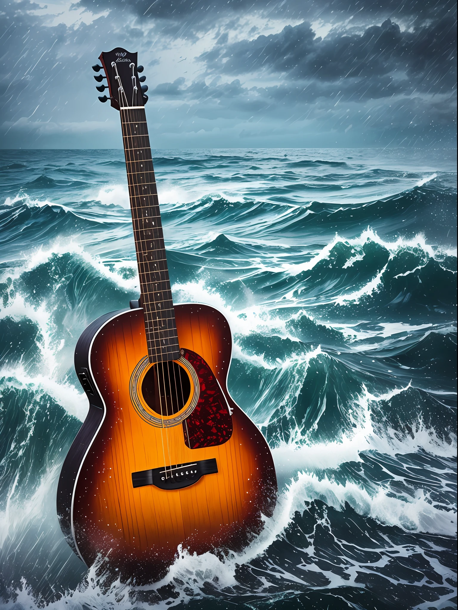 A guitar floating in a rugged sea, rain and cold in the middle of winter, digital art, realistic, intricate details, 16k --auto --s2