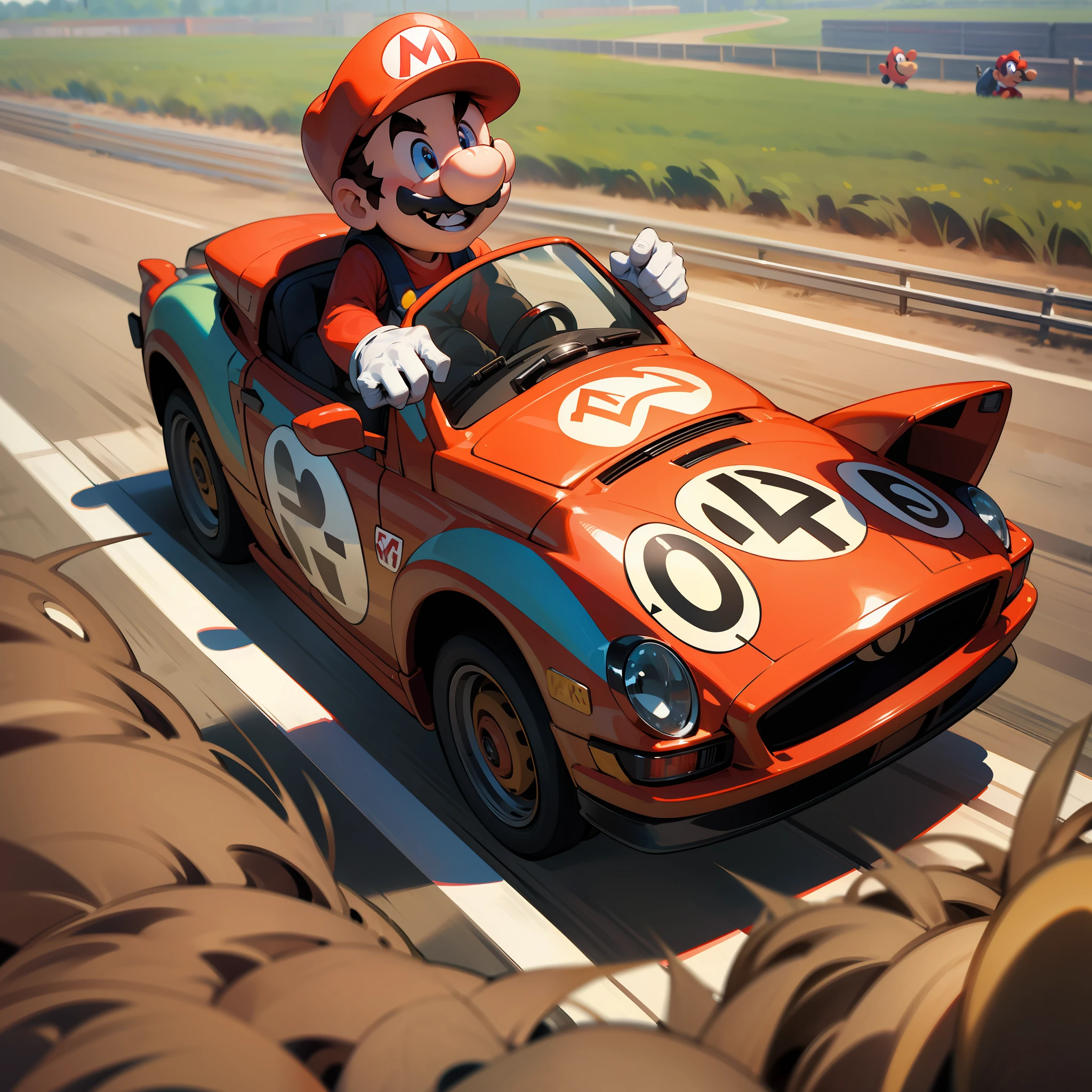 Pixar style, Mario Bros., smile, grinning, excited, field, normal skin texture, big eyes, walking, looking to the side, looking at 4K ground textures, HDR, intricate, highly detailed, sharp focus, cinematic look, highly detailed , in Mario Bros. gear, driving a race
