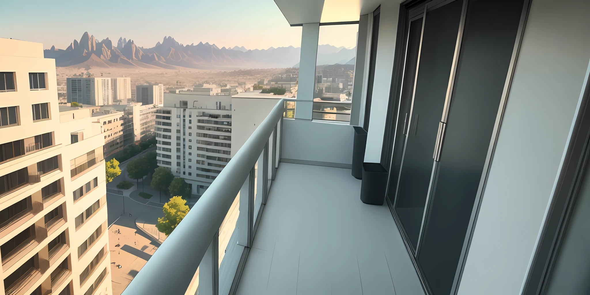 Point of view on the balcony of an apartment of a modern city, without people, heat, dust, tall buildings, mountains, dynamic light, 8K, masterpiece, ultra detailed, melancholy.