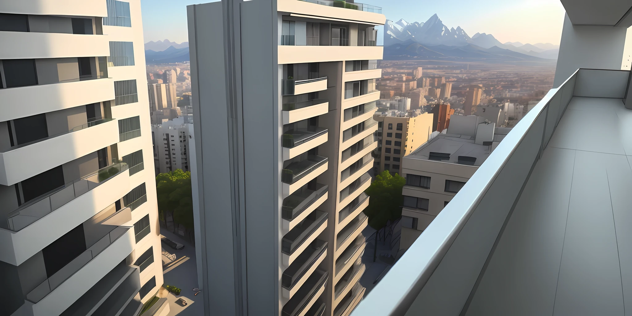 Point of view on the balcony of an apartment of a modern city, without people, heat, dust, tall buildings, mountains, dynamic light, 8K, masterpiece, ultra detailed, melancholy.