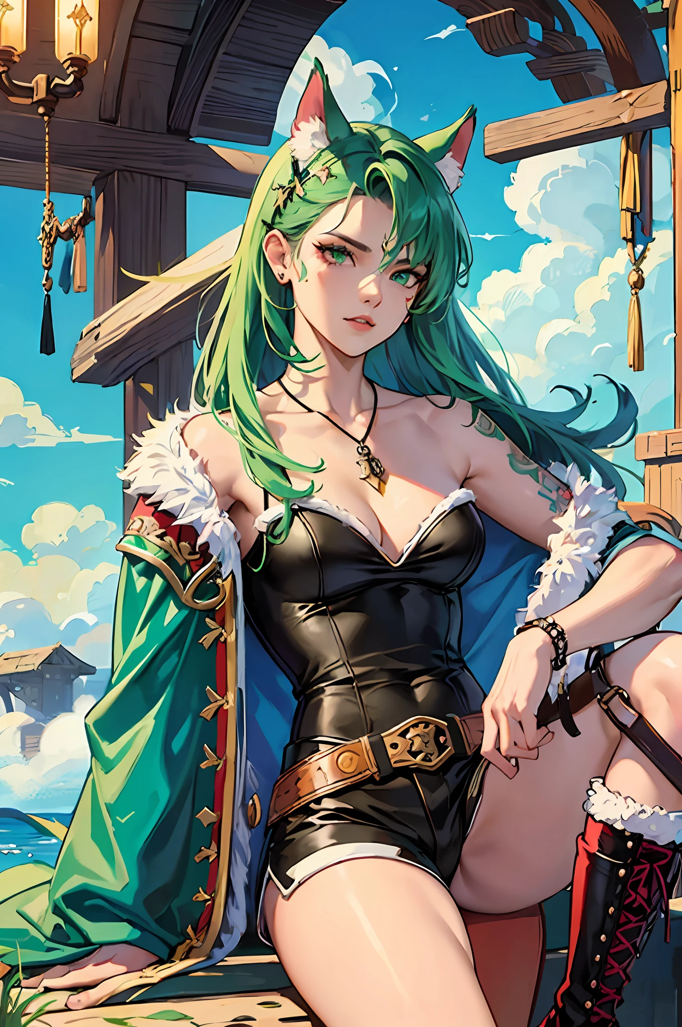 archer, huntress, masterpiece, best quality, super detailed, illustration, super detailed face, best face in the forest, 20 years old, royal sister, 1girl, arrogant expression, looking up, face mask, gorgeous bow, leg tattoo, small breasts, well-proportioned muscles, slender, athletic beauty, sadism, light green messy hair, green eyes, fair skin, crown, cat ears, tail, princess of the dead country, beautiful legs, sharp teeth, seductive cleavage, barbarian underwear, fur shorts, tooth necklace, cape, leather boots, Leg tattoos, daggers, fur ornaments, intricate details --auto --s2