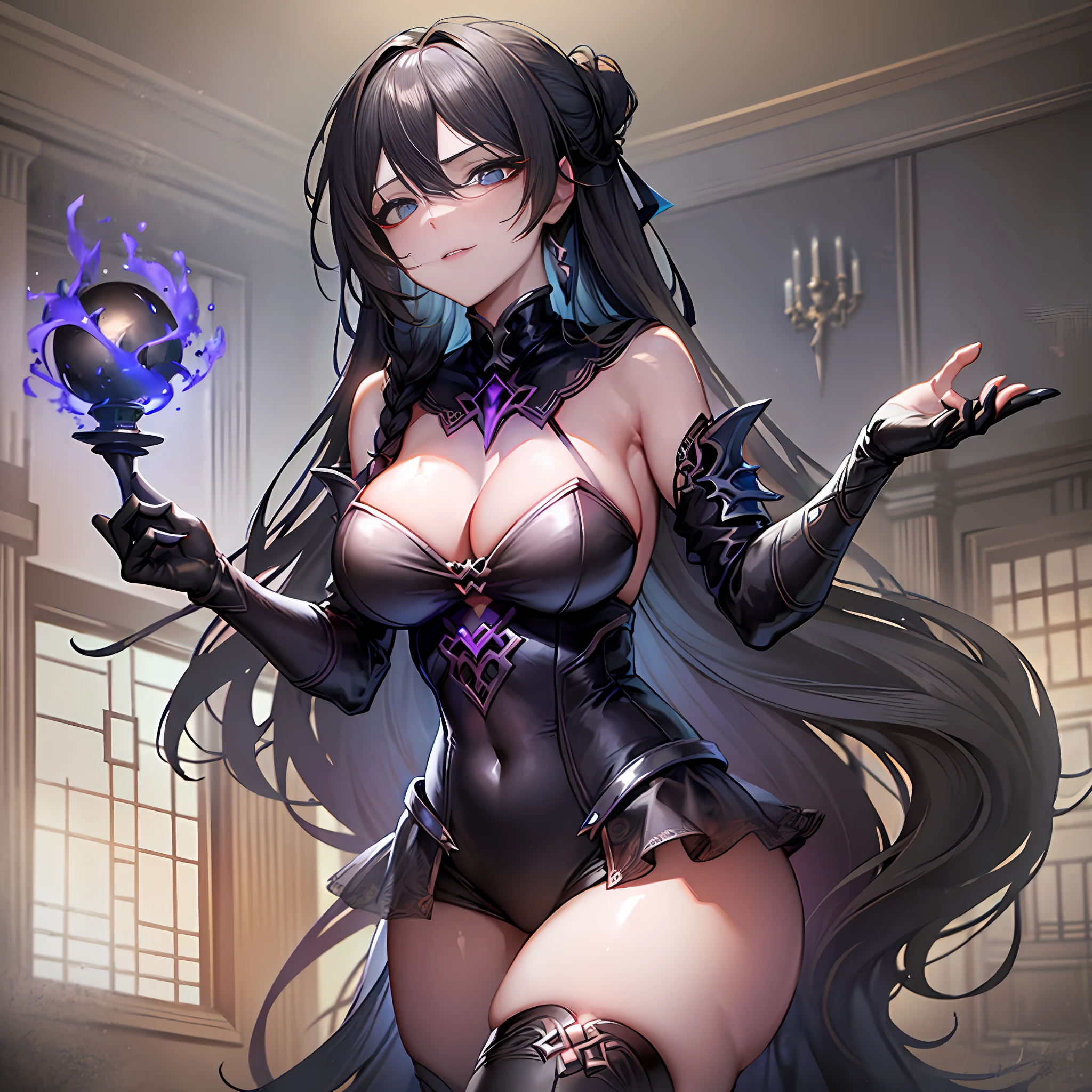 best quality, masterpiece, eye reflection,((fantasy genre)), ((dark fantasy)), ((female character)), ((magic)), ((curves)), ((buxom)), ((black outfit)), ((villain))((large breasts))((turned legs))((small waist))(relentless))((sexy))((yummy))((long hair half messy black with blue and with two braids)) "In the dimly lit chamber, a mysterious figure emerges from the shadows. Dressed in black, she exudes an aura of menace and power. His curves are charming, and his evil figure seems to defy reality. With a wave of her hand, she unleashes a torrent of black magic, filling the room with a sinister glow. Is she a hero or a villain? Only time will tell."