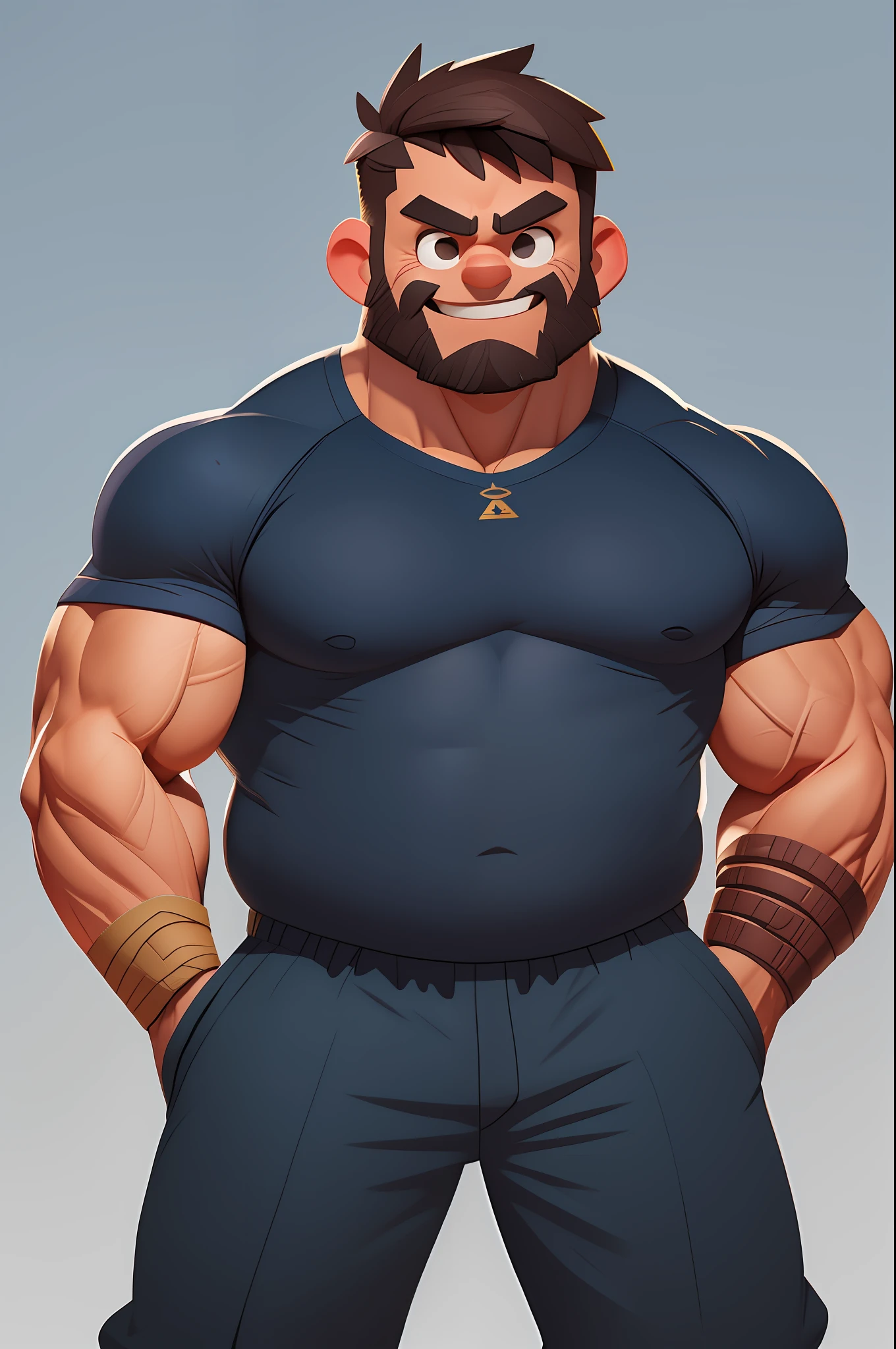 Bara Art illustration of adult male soldier, navy blue uniform, muscular, full body, inponent pose, smile, protruding belly, parrudo, daddy, dad, looking at the viewer, babnheiro in the background, strong and hairy body, sensual, whole coorpo, full body